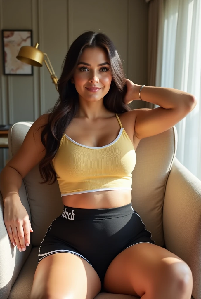 belle femme, 1girl, brunette, latina, 22ans, big ass, good natural breast, assise sur un lit, portant un haut ample à épaules dénudées, un pantalon de pyjama, à l'intérieur, un éclairage tamisé, des plantes en arrière-plan, une fenêtre avec du soleil, une pièce confortable, une pose détendue, des détails réalistes et complexes , couleurs chaudes,
