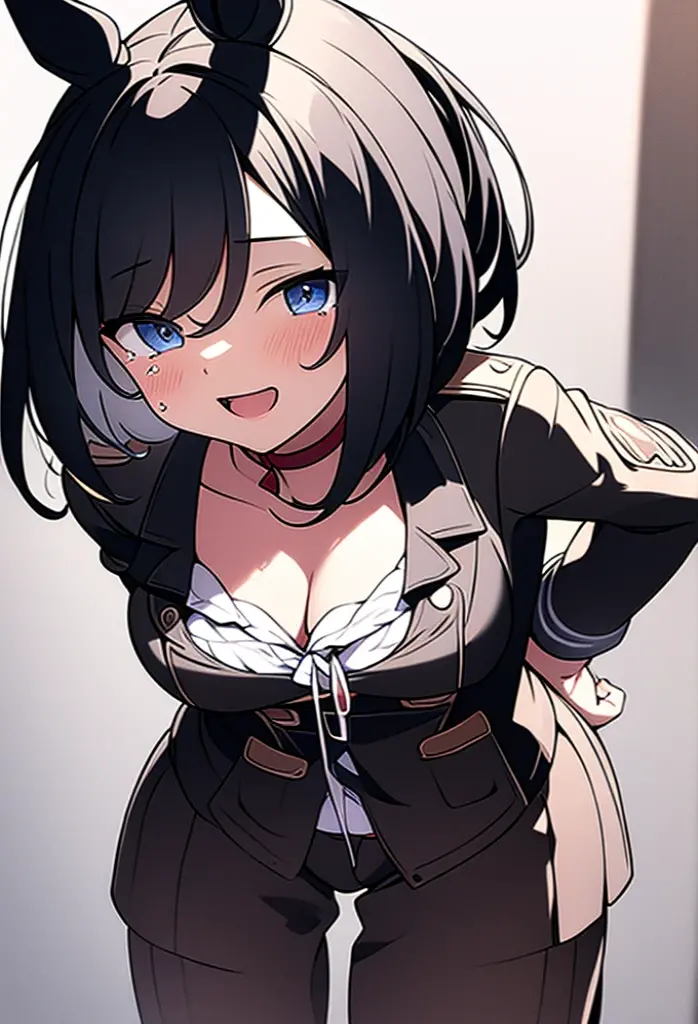 One girl, Black Hair, Brown eyes, put your finger in your mouth, Long sleeve, Pulling the mouth, short hair, Shorts, Simple Background, alone, teeth, tongue, White Background, (Pinky in the mouth:1.2), (両手でPulling the mouth:1.2), 