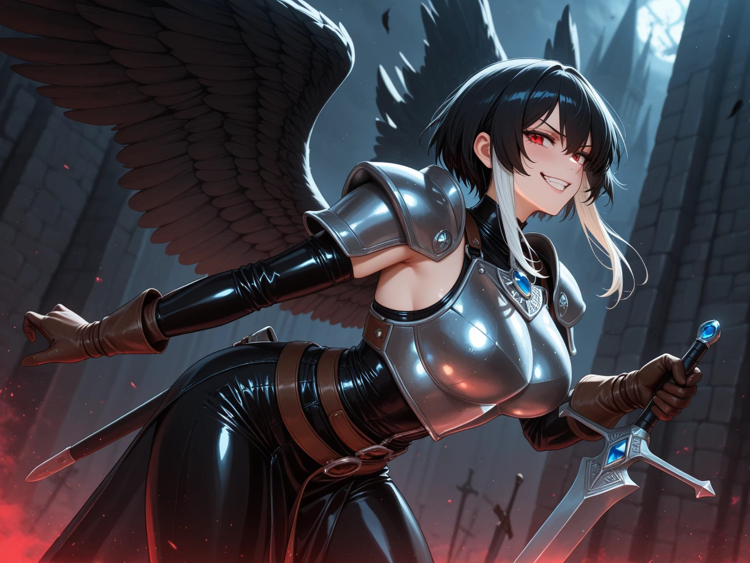 female knight　Black Hair　armor　Torn Skirt　No underwear