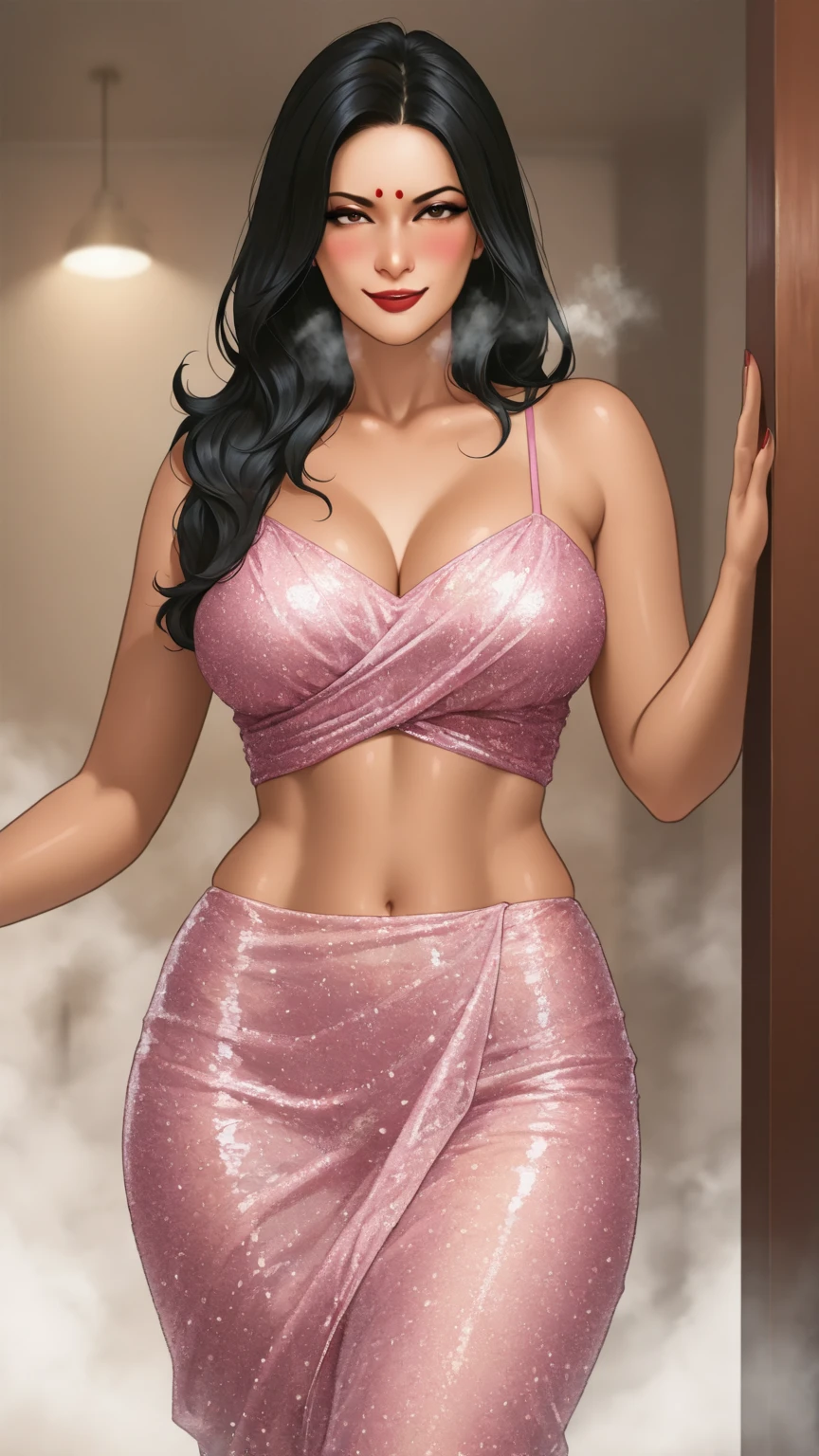 ((Indian milf, indian woman, milf)), (((ultra realistic))) Photo, masterpiece, top quality, (pale skin), (Ultra detailed face and eyes:1.2), 1 girl, Adult, ((in one size too small saree)), strapless saree blouse, ((very heavy eye makeup, pink mascara)), ((fake detailed lips)), ((Pink wavy hair)), ((Stylish hairstyle)) , (({Enormous|Gigantic|Big|Huge|Mega|Fake} pushed-up breasts)), (very slim waist). ((very huge cleavage)), photoshoot, (Soft) Lighting, (The play of light and shadows), depth of field, bokeh, (special attention to skin detail: 1.2), (special attention to enormous breast size: 1.2), (((special attention to extra tight clothing size: 1.2))), Detailed texture, skin pores, oily skin. (Erotic atmosphere of the frame. Color range - purple, Pink, Tons), UDR, ((Film grain)), ((rays)), (Glare), ((upper body body)) , ultra detailed,massive sharp pointy nipples, dripping milk, spreading legs,mommy,cum over body,cum in pussy,wet body,cum over breast and face,messy hair,wet body,transparent