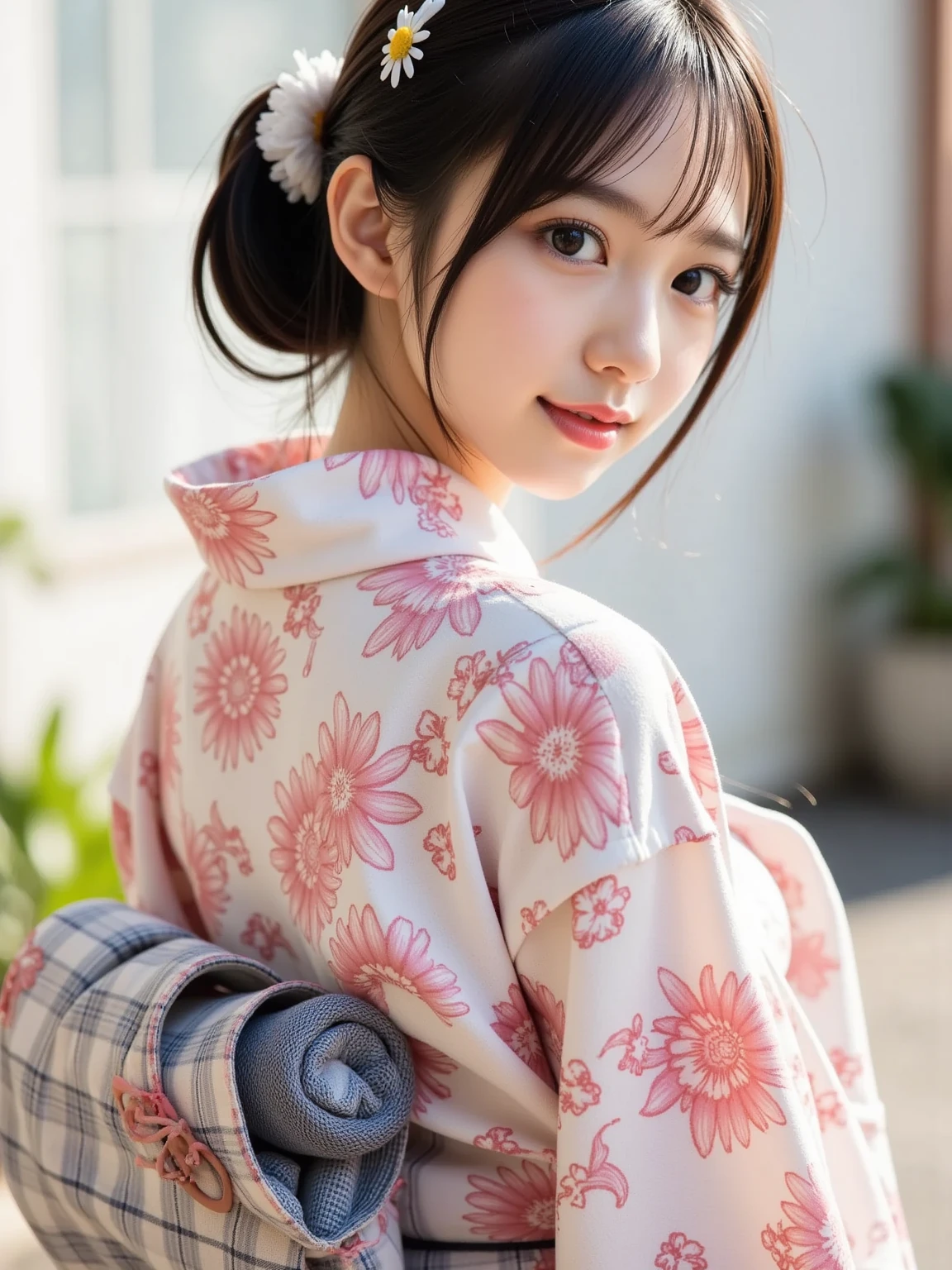 Best-quality, Masterpiece, Ultra-High-Resolution, (Photorealistic:1.4), Raw-Photo, 1girl, the most famous Japanese idol, wearing Japanese-KIMONO, upturned ass that wearing Japanese-KIMONO, looking at viewer, innocent-smile, the most cute face, the most beautiful big-eyes, the most beautiful hair, the most beautiful skins, the most beautiful long-eyelashes, the most beautiful lips, the most beautiful hip