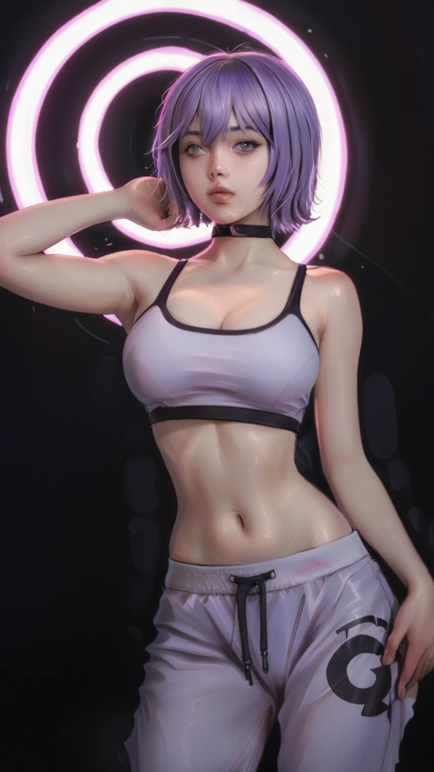 (masterpiece), (extremely intricate:1.3), (realistic), portrait of a girl, (huge and perfect breasts:1.1), heaving bosom, the most beautiful in the world, dark eyebrows, short pixie cut, purple hair, almond eyes, brown eyes, lots of freckles on face, (sweating), (face flushed), (concentrating), (sports bra and yoga shorts), (no makeup), heavily tattooed, (elf ears:1.1), pale skin, detailed textures, at the gym, running on treadmill, big perfect ass, wide hips, small waist, slender, professional photograph of a stunning woman detailed, looking at the camera, detailed eyes, sharp focus, dramatic, award winning, cinematic lighting, octane render  unreal engine,  volumetrics dtx, (film grain, blurry background, blurry foreground, bokeh, depth of field, motion blur:1.3)