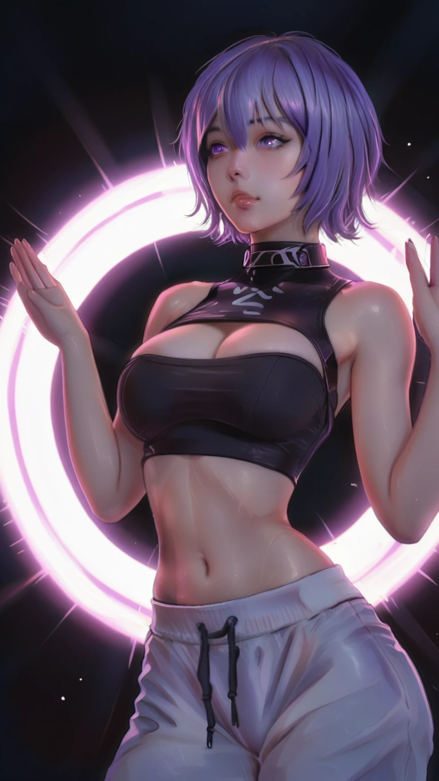 Adult woman, short white hair, cat ears, violet eyes, White superhero uniform, Sleeveless, open belly, t shirt, breeches, claws, anger, Masterpiece, hiquality