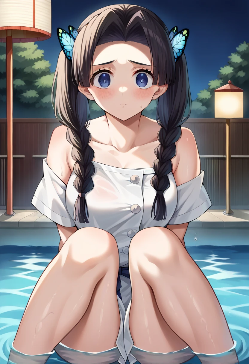 girl, big, sooty underwear, wet, men's boxer shorts in hand, ahe face, front door, squatting, open legs, hands behind the head, makeup, lower foot room, rain