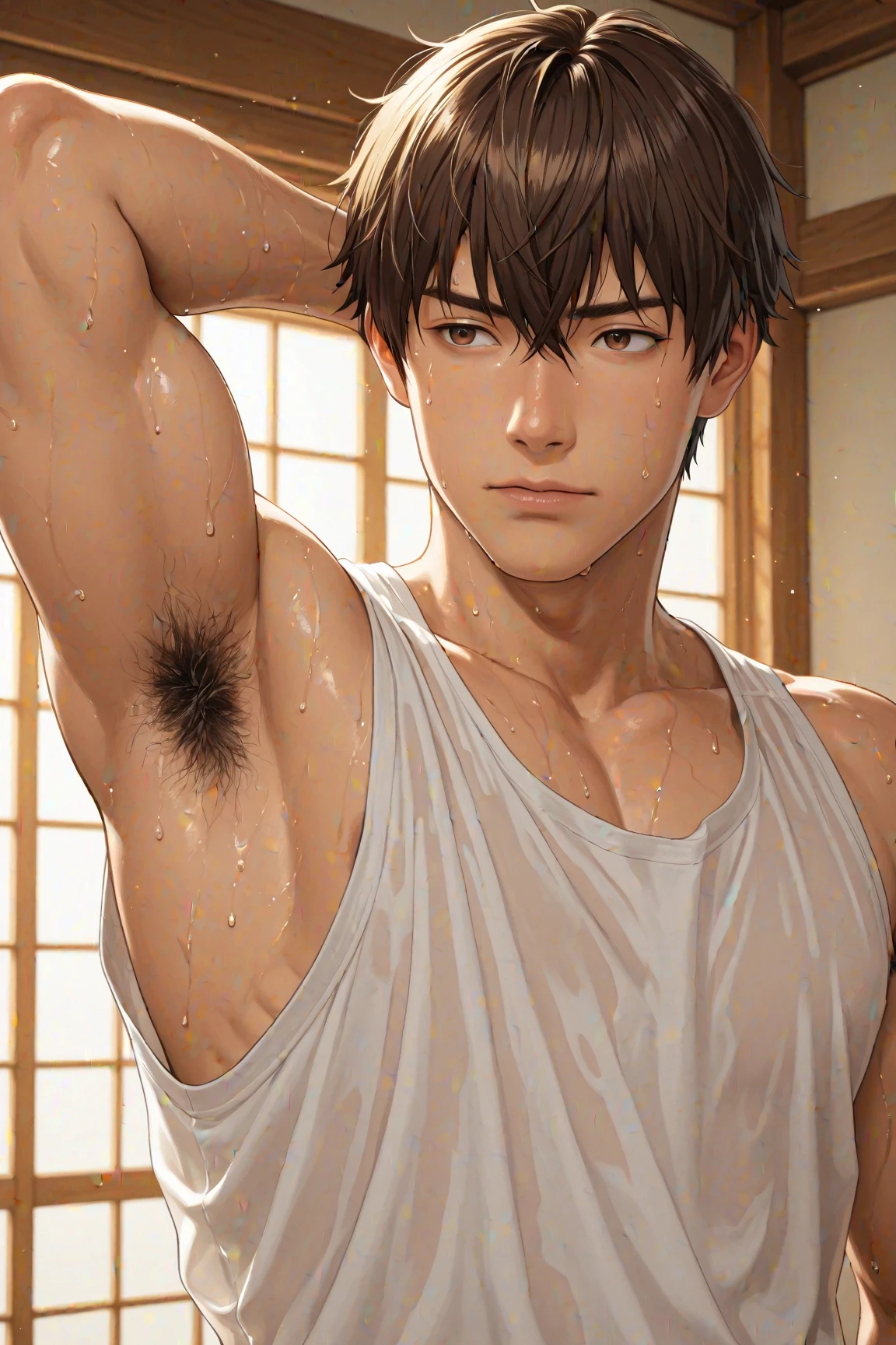 (naughty man) (long black  hair) (Eyes red) (muscled body) (hair on the abdomen) (armpit hair) (wears a black leather jacket) (White tank top) (blue jeans)