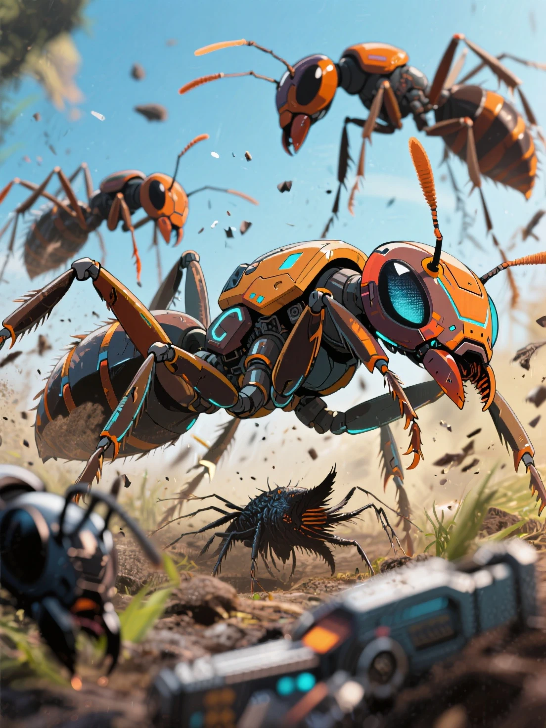 A wasp with red eyes fighting with an army of ants. It would have to be in manga style and with a natural background behind. Adds the TYE emblem at the top centered. --auto --s2