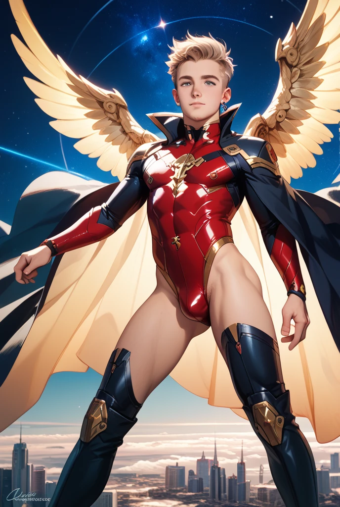 American classic comic book art: Male body, Angel X-men, handsome young man, short yellow-blond hair beautiful curls, wears technological bright red white helmet, tight white red hero bodysuit, white gloves, naked big butt, beautiful thighs, beauty tanned face, very young face , male body ,peach lips, white sleeves, tight red bodysuit, red male chest, prancing, white tech bracelets, spy, red stockings, nice showing butt, gold, ethereal comic book