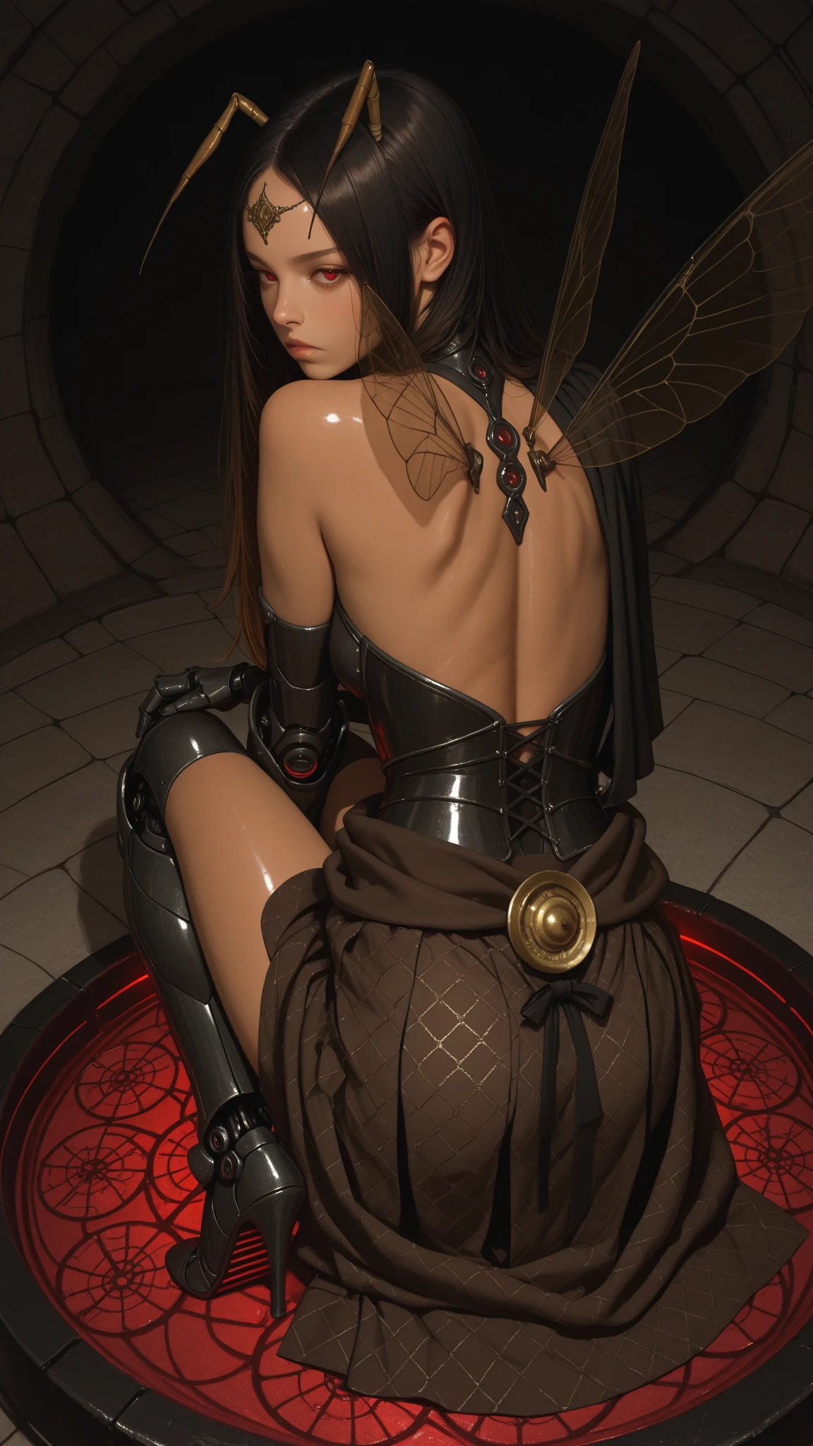 (((masterpiece))), ((Highest quality)), (Super Detail), (CG illustration), (So evil and beautiful)), Cinematic Light, ((1. Mechanical Girl)), single, (Mechanical Arts: 1.4), ((Mechanical Limbs)), (Blood vessel attached to a tube), ((Mechanical spine attached to the back)), ((Mechanical cervical vertebrae attached to the neck), (Back to viewers)), Expressionless, ( Wires and cables connected to the head and torso: 1.5), sf, Apocalypse, What&#39;s left behind, (Lower body integrated with mechanical device), (Blood: 1.5), Cruelty, Confused, eroticism, Integration with machines, The End Times, Super Future, Inorganic, Research Room, constrained, (Beautiful luxury: 1.2), (1 girl: 1.3), A body wrapped in mechanical tentacles