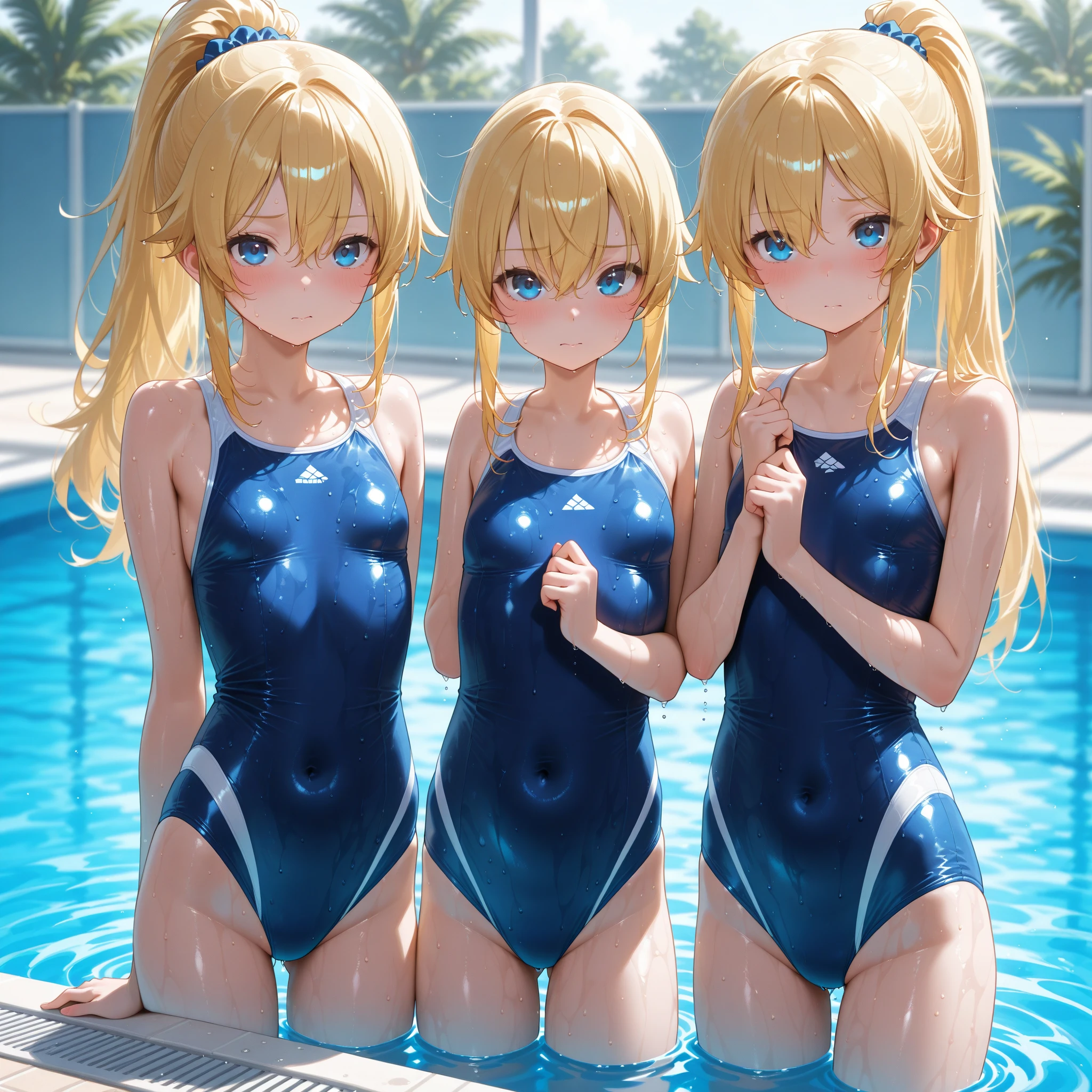 a masterpiece of,(perfect anatomia:1.4), best qualtiy, high_resolution, Fine details, highly detailed and beautiful, Distinct_image, (8 Girls), , a blond,Red-eyed, standing split,(huge-breasted), (tits out),(school swimsuit),swimming pools