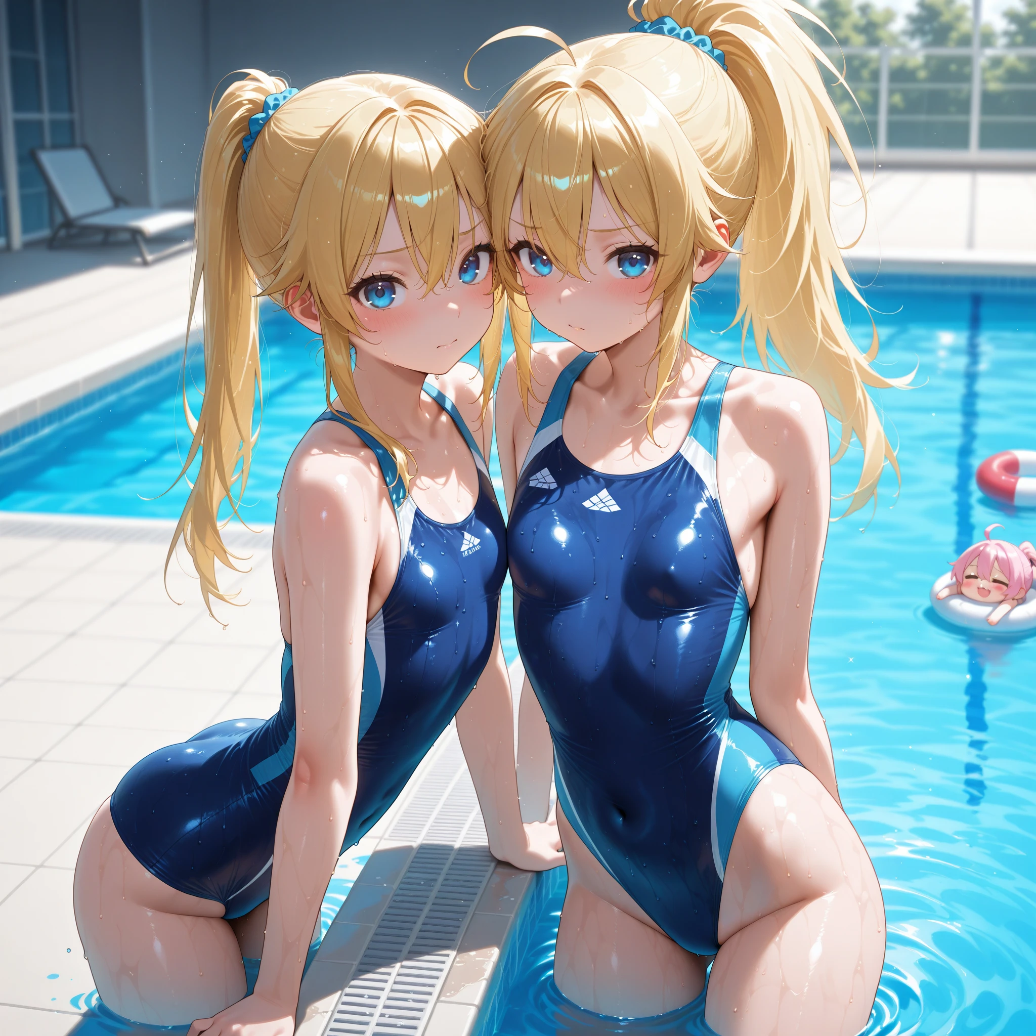 in 8K、超A high resolution、Best Quality、masutepiece、(quite massive chest:1.2)(Hide all breasts and belly、Azure High Leg Swim Racing Suit、onepiece swimsuit:1.3)(Swimming in the water、breaststroke:1.2)、(Blonde short-haired American woman:、Twosome、Two people huddle together:1.2)、long legged、tall、a small face、Pretty High Leg Swim Racing Suit、Swim in a large pool