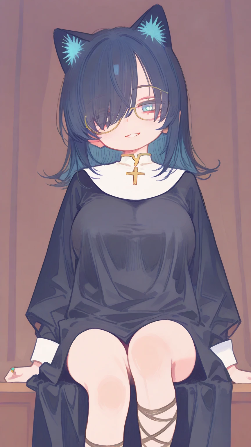 detailed digital art, slim girl, hair is in two pigtails, medium sized breast, mini skirt,slightly visible panty ((Red Black striped)), high kneesocks, laying on her back, legs wide spread, lustful smirk, only underwear, black lipstick, black make up, glasses