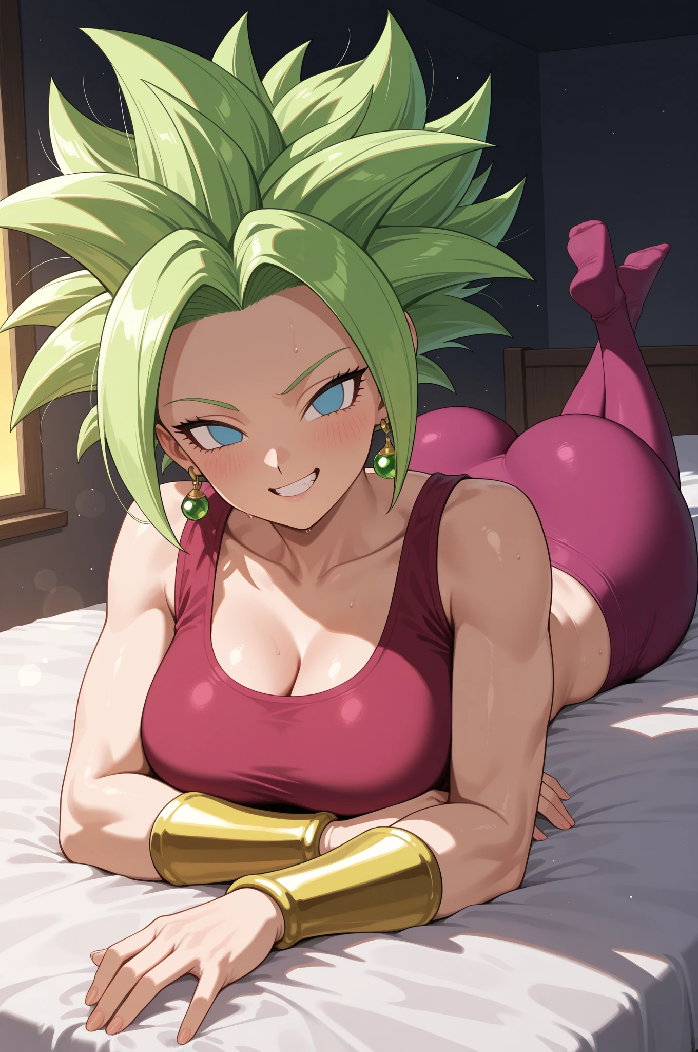 (best quality, masterpiece1.2), 1girl, blush, woman, sexy, detailed, extreme detail, perfect lighting, 4k, vivid colors,(((lying on bed))),((()),,bedroom, wide hips, (large breasts:1.2) BREAK anime style, source anime,(legsless, armsless:1.2),(low angle),smile,(centered),((())),(((on stomach))),brown hair,bikini,micro bikini,black bikini,(((Kefla))),2girls,kiss,lesbian,bulma kissing kefla