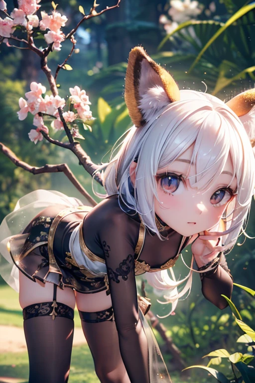 Silver hair, pink eyes, body, cat ears, adult girl, earrings, flower background, green gold top and skirt, hair bows, happy face, thigh up 