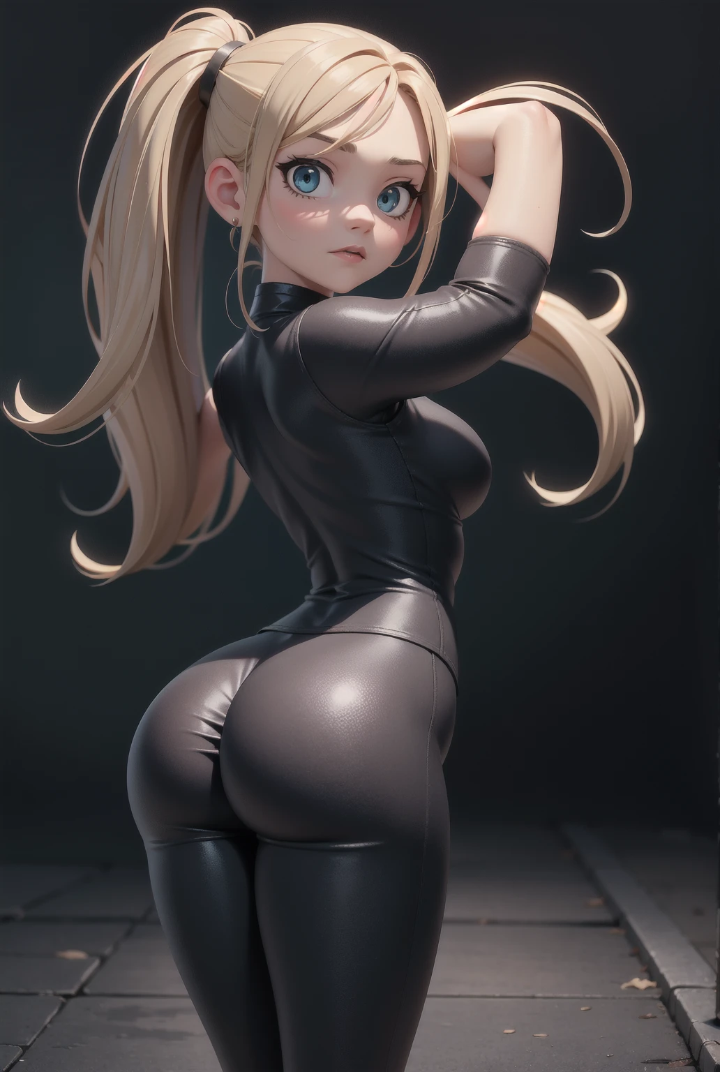 (view from back) (view from below) (ass closeup) hyperrealistic 14 year old american teen, blonde, perfect tiny body, sexy, big earrings, dark makeup, perfect slim face, big red lips, very cute face, tiny body, big eyes, young looking, childish looking, ultra tight thigh-highs, kneeling
