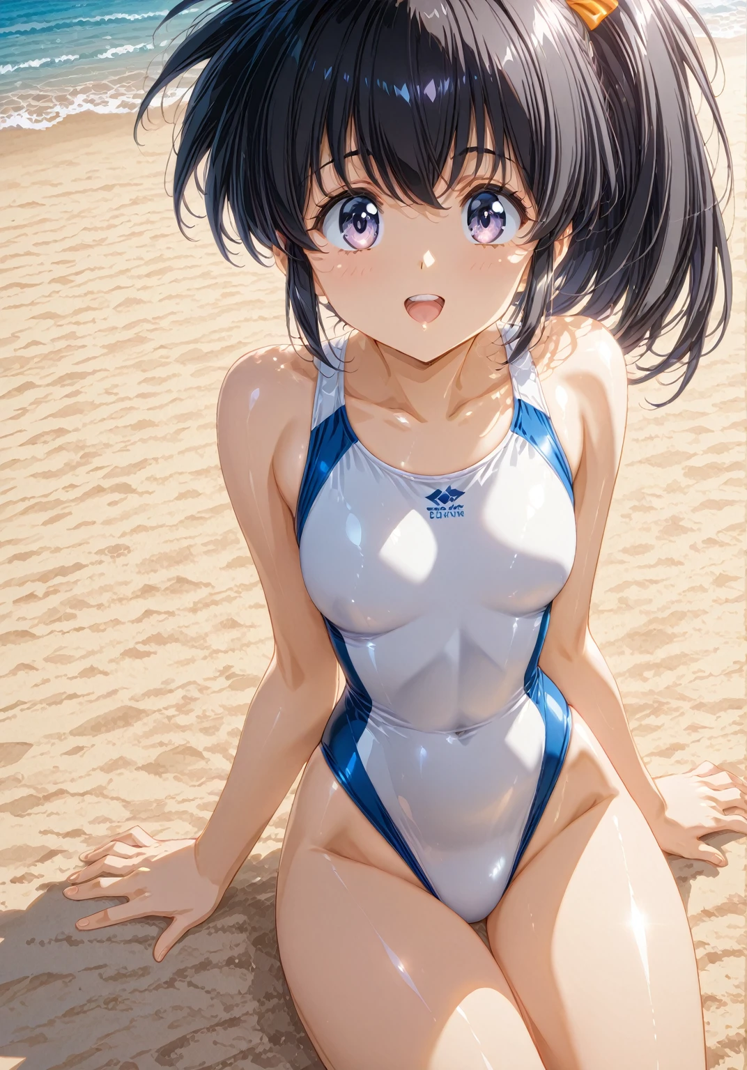 ((top-quality))、((masterpiece))、1girl in、Formal-up、beautiful detailed eyes and face、pretty skin、Realistic、a very cute、22year old、School swim wear(Dark blue color、Simple design、Matte texture、Wrinkle、Wet、Polyester material、shadings、)Wet body、Anime Face、Beautie、Facing the front、big eye(Beautiful fece、Anime Face、Clear eyes、Fine details、beautidful eyes)Well-formed face(Beautiful nasal muscles、Perplexed、sharp mouth)full of sweat、sodden、Wet feeling、Background with(sunny sky、takeout)、8K picture quality、perfectly proportions、A slender、red blush、female focus on, hair adornments,length hair, Look at viewers,((pee))((pissing))((water dripping))