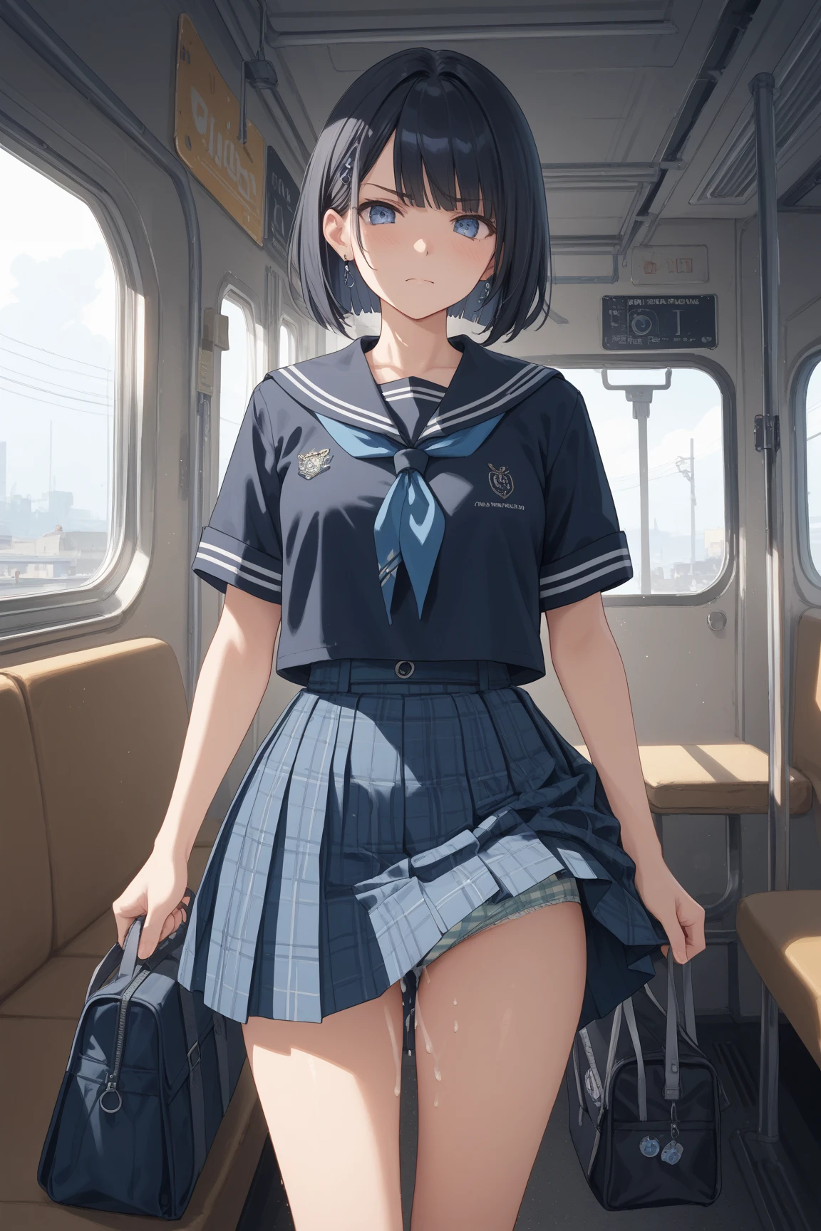 High quality、highest quality、complete limbs、Ultra high definition、vivid colors、full finger、black eyes、bob cut、slender beauty、wearing knee highs、You can see her wearing a school swimsuit under her  skirt.、surprised