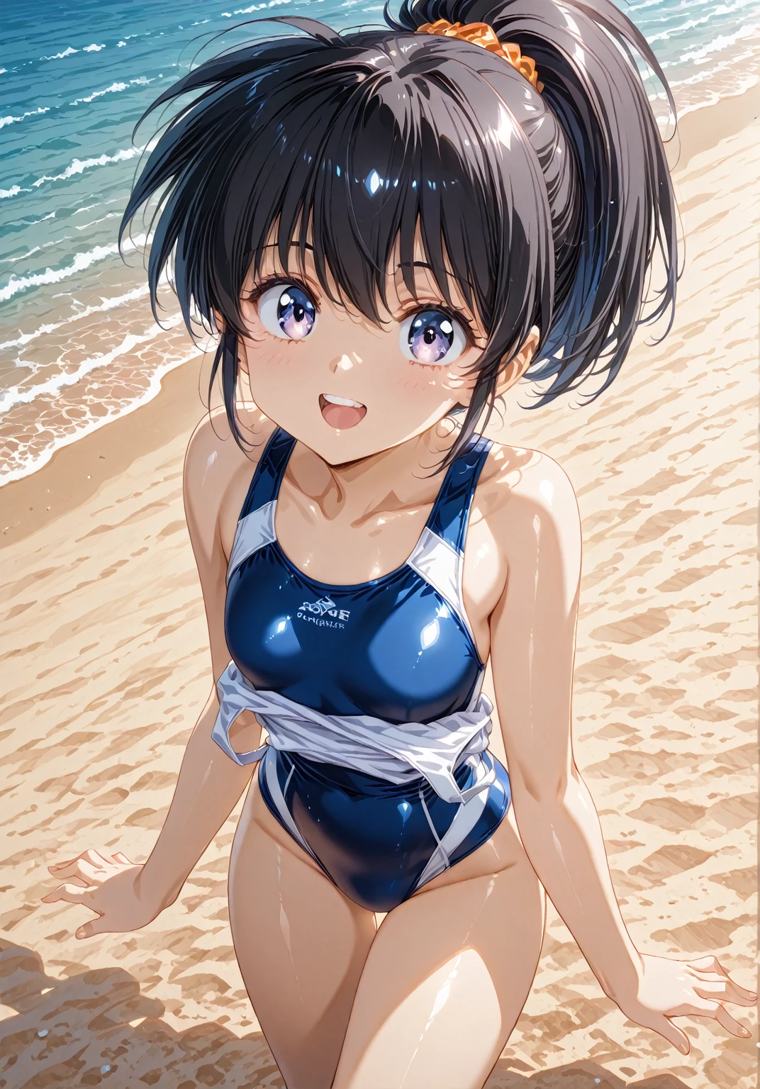 Anime girl in swimsuit on seaside beach, Ilya Kuvshinov. 4 k, wearing a swimming wear, cute girl wearing a tank suit, in beach, in beach, 4k anime wallpaper, in beach, ilya kuvshinov landscape, By Shinkai Makoto. high detailing，(Wet)，(light glow)，School swim wear，big smile，brown eyes，
