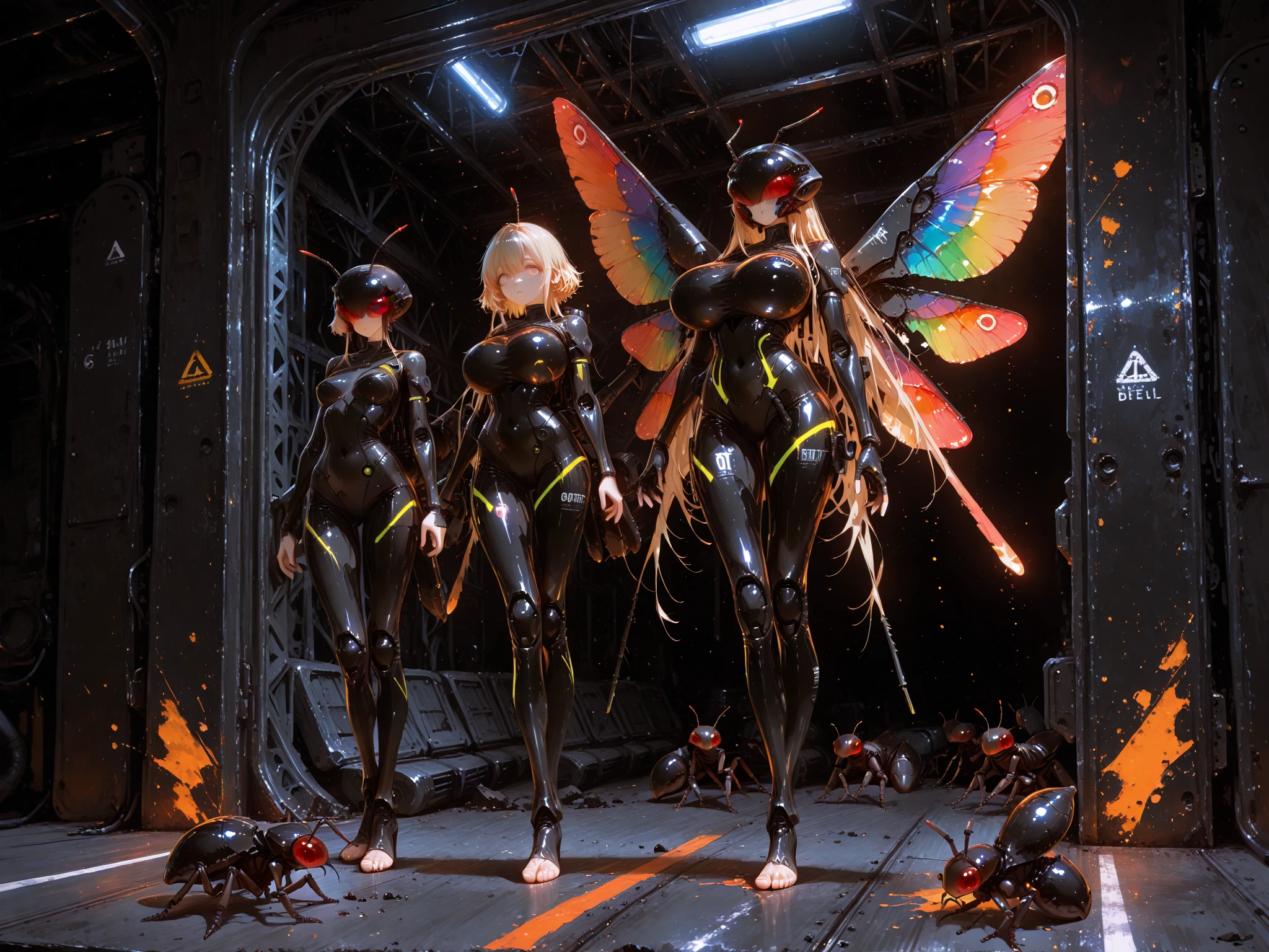 4 girls wearing cyberhelmets, trapped within cocoons made of silk, spider web, surrounded by spiders and eggs