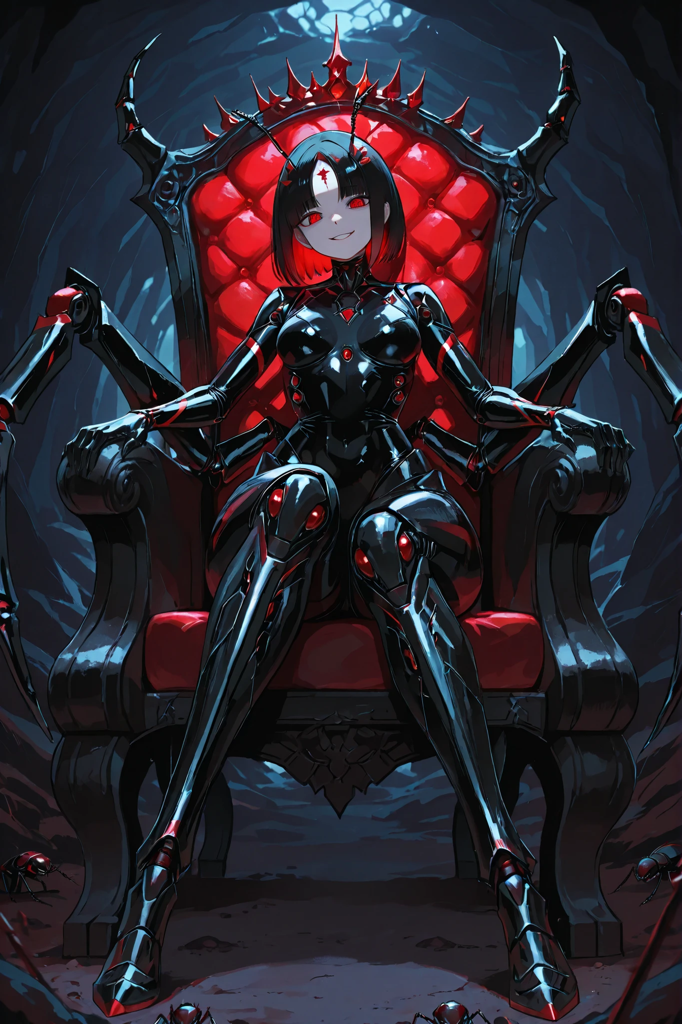 Bionic girl. Black hair. Short hair. Bob hair. Red inner color hair. Red eyes. Compound eyes on forehead. Ironic smile. Insect antennae. Crown. Black latex princess costume. Latex gloves. Mechanical insect legs. Insect legs from waist. Sitting on a throne. Cross-legged. Multiple ants. Giant ants. Inside a cave. Limestone cave.