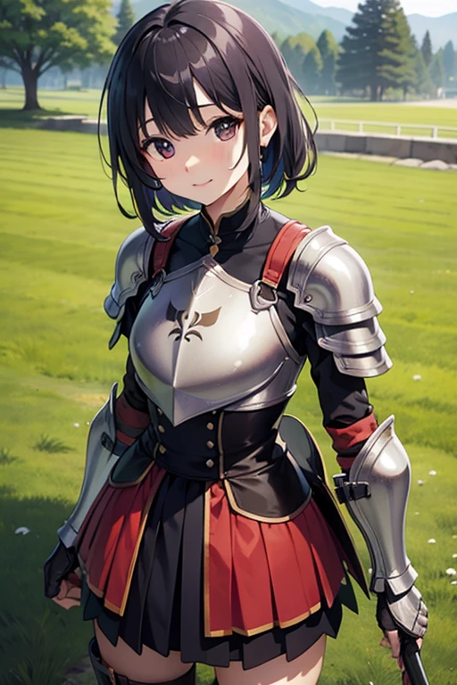 1girl, knight armour, standing on ramparts, castle wall, sunny day, leaves, cowboy shot, hands on hips, smiling at viewer, :D
