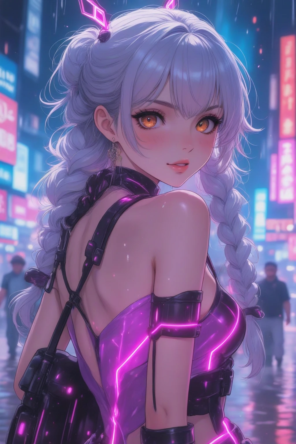 1 woman, Chinese_clothes, liquid silver and pink, Cyber Han,How many guards?,White bra,White underwear with a bow,cyberpunk city, dynamic gesture, Glowing headphones, glowing hair accessories, long hair, glow earrings, Fluorescent necklace, cyberpunk, เมืองที่มีtechnologyสูง, full of mechanical and of the future elements, of the future, technology, glowing neon, pink, Light blue, Clear tool, Transparent beam, laser, City Sky Digital Background, Big Moon, with vehicles, best quality, Masterpiece, 8ก, Edge of character light, Extremely high detail, High quality, The most beautiful woman in humanity, smile a little, The face faces left and right symmetrically., Ear decoration, Beautiful iris light effect, Image data, I have silver-white hair, Hair is not messy, long hair,Two high bun braids hairstyle, Luminous electronic clock, deep eyes, be happy, English Doodle Writing((((See the floral panties and bras)))