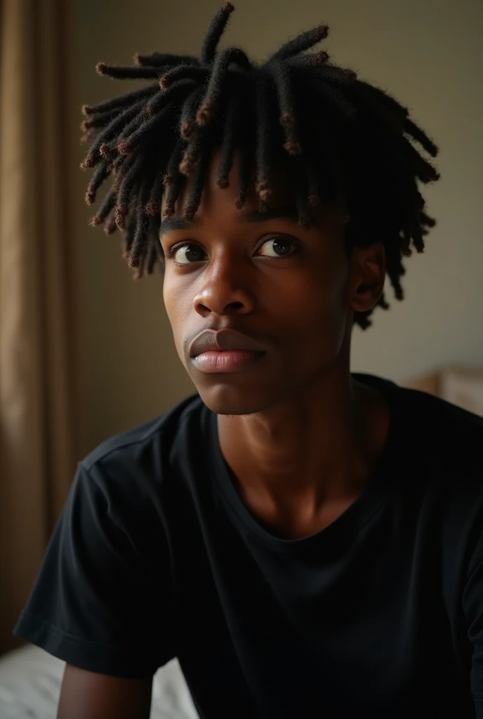 In the middle of the cozy atmosphere of a room plunged into the shadows, A young teenager of African descent sitting, the weight of grief on his shoulders. Ses yeux, Pools of emotions, are fixed intensely on the mobile phone he is holding, sa lueur peignant un doux, Blue glow on her tear-streaked face. Chaque gouttelette qui coule le long de sa joue semble porter une histoire, A moment of grief amplified by the device in his hand. The surrounding environment is bare, with peeling wallpaper and solitary dark bulb, souligner son isolement. Every detail, from the subtlest quivering of her lips to the reflection in her tear-filled eyes, is captured with breathtaking realism. photographie, Sony Alpha A1 with 85mm prime lens, Ultra-high-resolution shooting to encapsulate raw emotion and fine nuances of the scene, Harnessing natural and ambient light to maintain a poignant mood, --ar 16:9 --V 5.