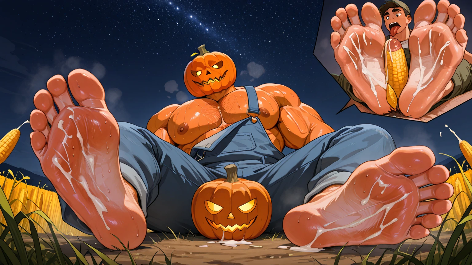nsfw, ((((High resolution, best quality, masterpiece, high detailed)))),
((pumpkin Head)), (man with a pumpkin head), musclegut, Male, (human body), (dark skin:1.5), glowing eyes,
((Sweaty)), (((wet))), (saliva), (((embarrassed))), (blush),
BREAK (cum everywhere, cum on abs, cum on body, cum on face, cum on chest, :1.1),
((((precum on bluge)))), ((bulge)), ((torn clothes)),
moonlight, halloween, (((Cemetery at night))),
(Huge Tentacle, Tentacle BDSM, Tentacle bondage:1.5), ((arched back)), (Tentacles entwined around the body:2.0), Solo,