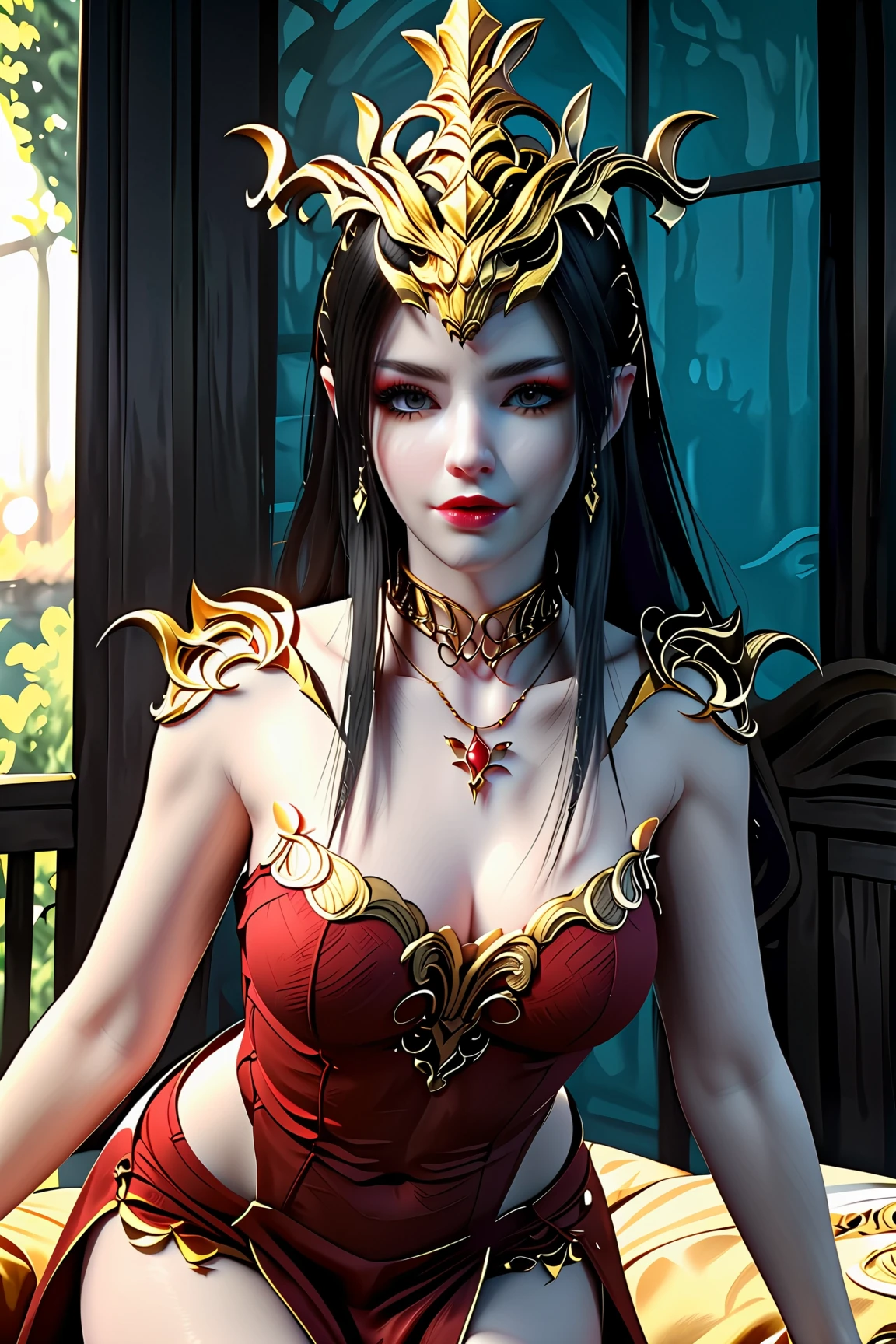 1 beautiful and sexy 20 year old girl, ((nsfw:1.8)), ((motifs and rhinestones on the bra:1.7)), ((long black hair:1.6)), jewelry elaborately made from precious stones and beautiful hair, ((wearing a 24k gold lace necklace:1.4))), ((A thin red silk scarf covers half of the face:1.5)), the noble, noble style of an extremely beautiful girl, her small face is super cute, her face is very pretty, thin eyebrows, flawless beautiful face, ((black eye pupils: 0.8)), very beautiful eyes, ((platinum blue eyes: 1.6)), (((big round eyes:1.6))), nice makeup and hair detailed eyelashes, steamy eye makeup, high nose, earrings, red lips, ((closed mouth: 1.5)) beautiful lips, slim hands, most beautiful thighs, ((arms spread out to the sides: 1.5)), rosy face, clean face, flawless beautiful face, smooth white skin, (big breasts: 1.5)), ((high breasts: 1.6)), tight breasts, beautiful cleavage, (((big breasts and super round: 1.8))), ((super tight breasts: 1.7)) , beautiful breasts, perfect body, back arms, chest out, ((sitting position bent over with chest up and arms behind: 1.6)), ((thin black mesh stockings with black lace trim:1.6)), 8k photo, super high quality, super realistic, super 10x pixels, optical, bright studio, bright edges, dual-tone lighting, (high-detail skin:1.2), super 8k, soft lighting, high quality, volumetric lighting, photorealistic, photorealistic high resolution, lighting, best photo, 4k, 8k quality, blur effect, smooth sharp, 10 x pixel, ((night sky and firefliesbackground:1.5)), aurora, lightning, super graphics realistic, most realistic graphics, 1 girl, alone, solo, Extremely sharp image, surreal, (((frontal portrait:1.6)))."