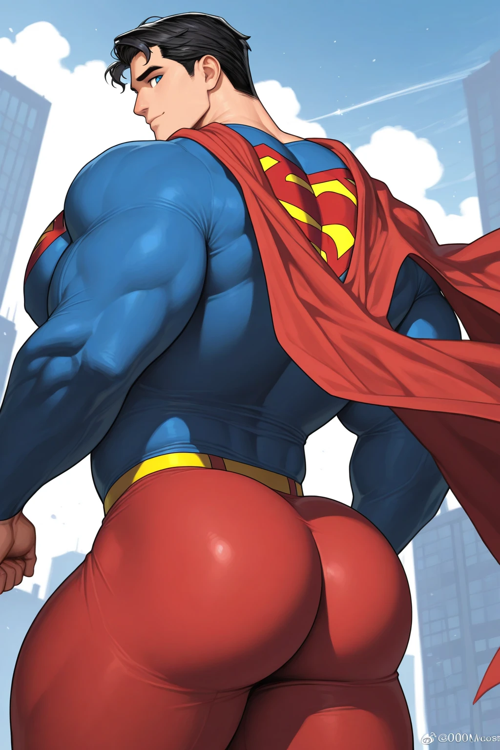 4k resolution a brown wolf wearing Superman spandex costume, red speedo, red boots, presenting his butt to viewer, by chunie