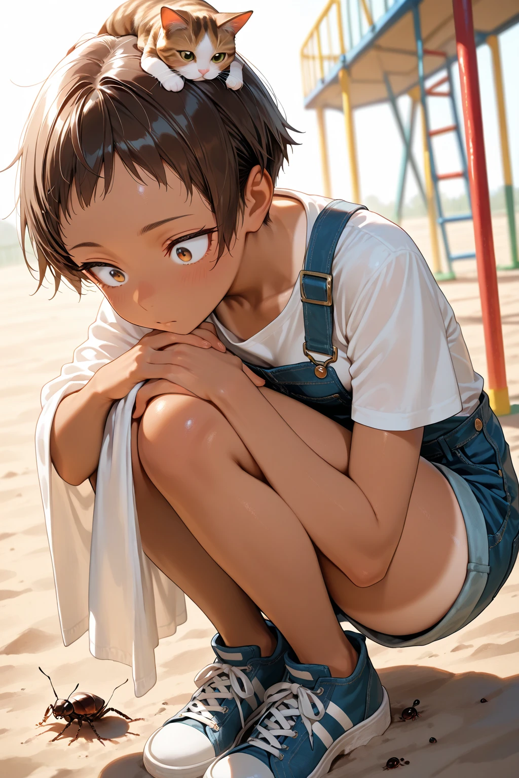 (masterpiece,best quality, ultra quality, ultra resolution,sharp focus, ultra detailed,Super fine illustration,gleaming skin), ,cute girl,cute anime face, blush,closed eyes,(scream,sexual_climax), (looking away,pee,peeing,from side:1.2),leaning forward,(cute_clothes),(horizontal bar, masturbation:1.5),cowboy shot,short hair,
,(in park play equipment:1.2),have too pee, peeing self