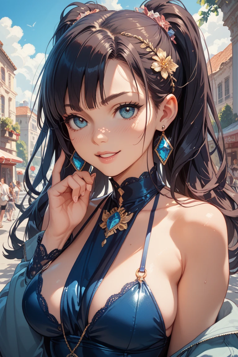 Un primer plano de una mujer con cabello azul y una capa azul, extremely detailed artistic germ, Armadura azul, chica armadura, tendencia en artstation pixiv, arte detallado del personaje de anime, anime fantasy illustrations, cushart krenz arte clave femenino, artgerm en artstation pixiv, arte de anime digital detallado, arte de anime clave detallado, hermosa y seductora mujer anime