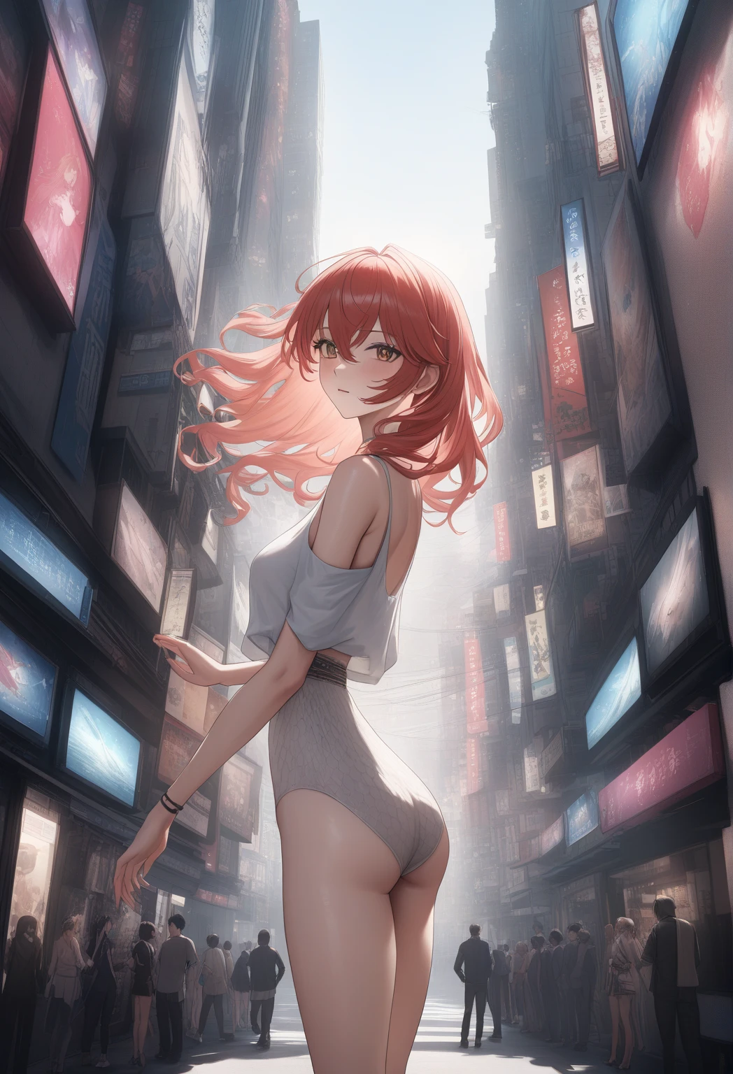 anime style, starforge in a solemn fantasy metropolis outside of time, masterpiece, 1girl, woman, nude, cameltoe, bombshell hair, red-orange hair, pointy hair, slim, atheletic figure, narrow waist, small breasts, japanese<lora:EnvyGoddessXL02:1>