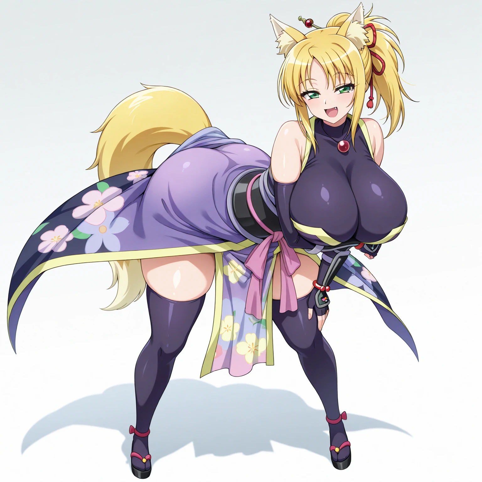 (masterpiece),(best quality),(ultra-detailed),(very aesthetic),nsfw,BREAK,solo,1girl,30 years old,curvy,large breasts,tall,stout build,(toned:0.7),bewitching,(fox tail),blonde fox ears,short hair,blonde hair,beautiful face,(brown eyes),(messy hair),disheveled hair,hair intakes,(fusion of dark green gradient flower print kimono and pelvic curtain:1.2),(loose chest:0.5),clenching teeth,serious,sentimental emotion,incoming attack,assaulting,katana,slahing the katana down at high speed,The trajectory of the katana as it was swung down glows purple aura,tabi,bandaged hand,(japanese shrin,plaza),(scar on cheek,scar on breasts:1.2),cowboy shot