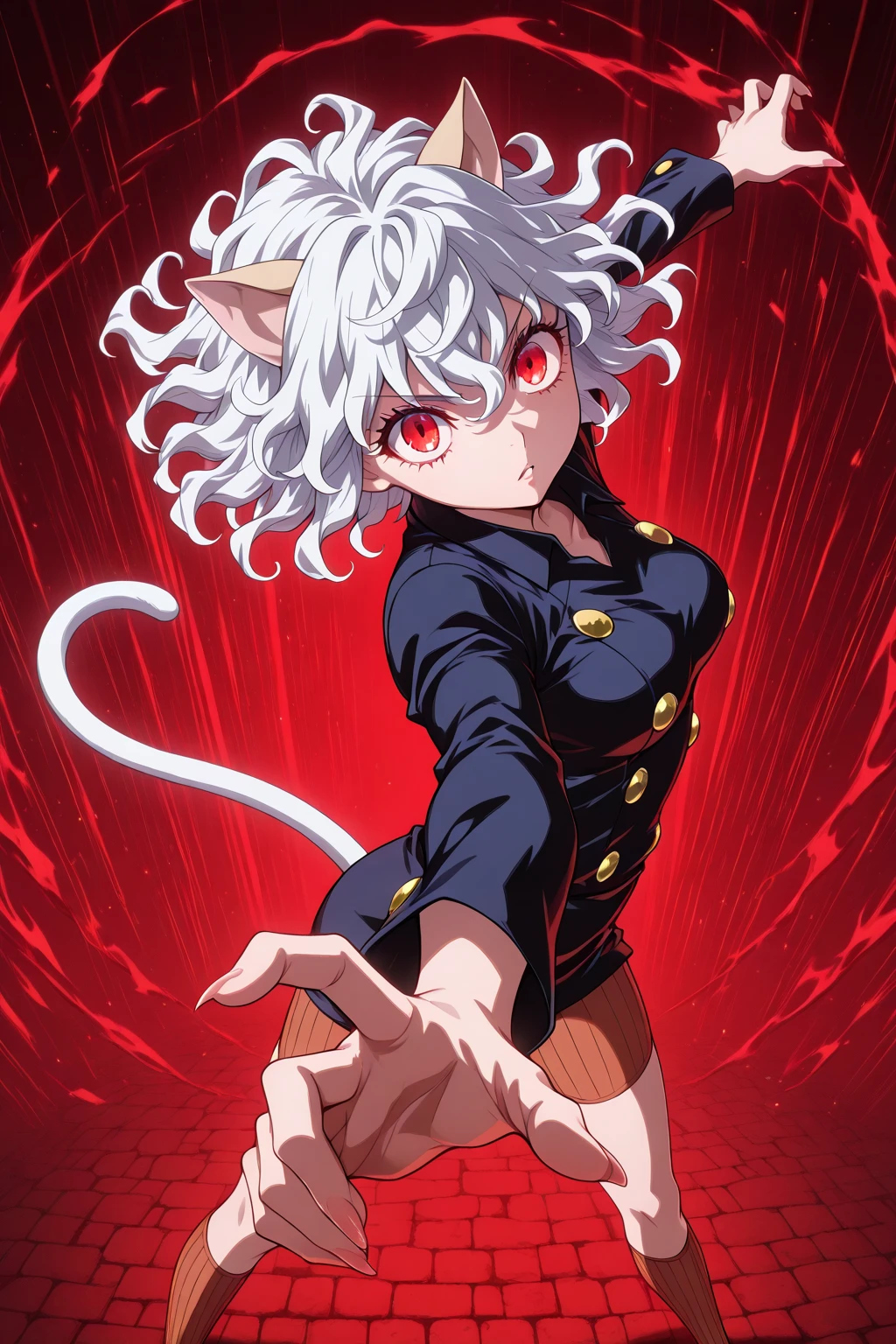 Dynamic lighting,HDR,eye_focus,neferpitou, short hair, red eyes, animal ears, tail, white hair, cat ears, cat tail, curly hair,,long sleeves, shorts,,dynamic pose, foreshortening, extreme perspective,最高品質, 超高解像度, マスターピース,
ネフェルピトー, 残忍な笑み, 鋭い猫目,獲物を狙う表情,
鋭利な爪,閃光のような斬撃エフェクト, 跳躍の衝撃波,
白い髪が乱れ舞う, しなやかな肢体, 猫のような身のこなし,
破壊された地面, 飛び散る岩石, 戦場の粉塵,
ダイナミックなアクション, 緊迫した空気感