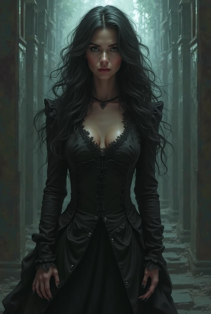 A dark-haired woman in a black dress, a mysterious shadow creature, detailed facial features, glowing eyes, surreal, dark fantasy, photorealistic, 8k, highly detailed, cinematic lighting, dramatic atmosphere, moody colors, deep shadows, intricate costume design, dramatic pose, emotional expression