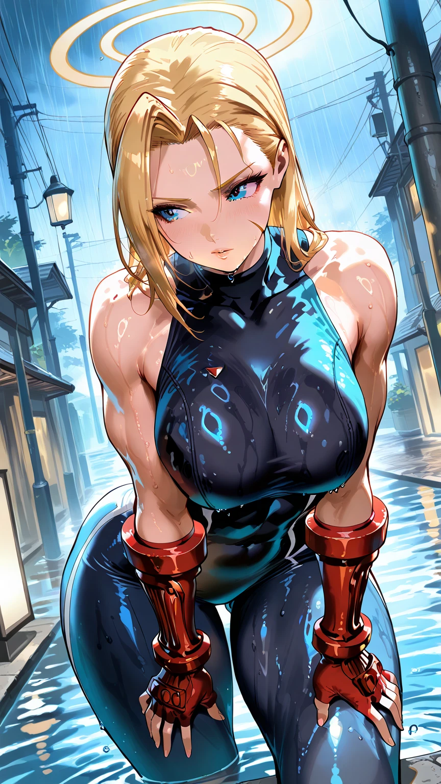 1girl, breasts, solo, blonde_hair, swimsuit, bad_face, brown_eyes, hairclip, one-piece_swimsuit, hair_ornament, navel, cleavage, highleg, lips, twintails, highleg_swimsuit, large_breasts, thighs, shiny, navel_cutout, pigtails, shiny_skin, bare_shoulders, huge_breasts, parted_lips, skindentation, clothing_cutout, gradient_background, gradient, collarbone, cowboy_shot, standing, blue_one-piece_swimsuit, thick_thighs