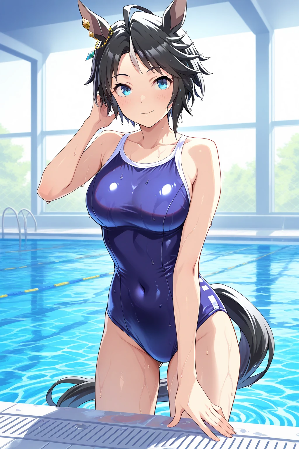 7歳、too wet thin satin rubber one-piece blue swimsuit, japanese child girl, small breasts, squatting, open legs, teasing kind smile, 2 angle, ass focus from behind below, clavicle focus from side view, crotch seam, thin cameltoe, framed small, framed double small under breasts, framed groin, framed navel, glossy skin, beautiful skin,