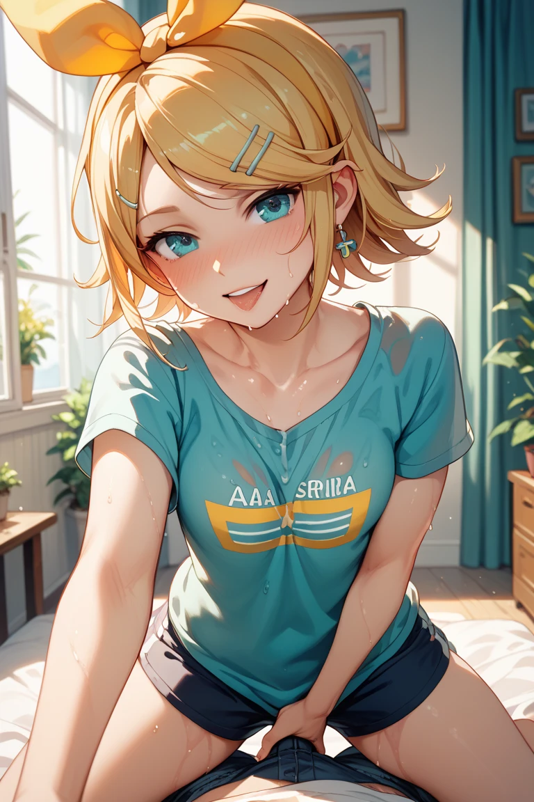 highest quality、Elementary school student bra、Beige shorts、Cool look、Stretch your legs in the room、Armpit sweat、Grass、Ecstasy face,(Charming person)， (girl１name)， (Highly detailed face, smile) ,, (日本のgirl), Slightly round face, (Tan brown face:1.6), cute, Big eyes、2D，highest quality，(masterpiece)，(((Whole body image)))，(((Head to toe on screen:1.2)))，(extra long hair:1.6)，(side ponytail:1.6),((yellow hair))，Healthy brown skin，((Denim hot pants))，Pink-halter top，Shining bare feet，barefoot，Beautiful brown eyes，Attractive thighs，Untidy body type，Bedroom，get drunk，Upward glance，cheeks are bright red，あざでcute，Sexy as hell，Erotic look，Large drops of sweat all over the body，Humidity，Sleep with your legs stretched、My Room、（Lie down in bed.），Side View Angle，Angle that emphasizes the buttocks