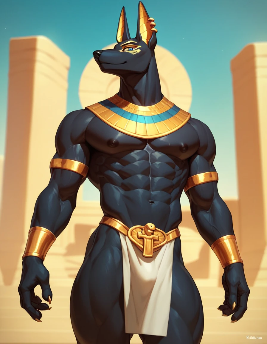Anthropomorphic jackal,Anubis,character setting,Dark color scheme,The face is more human-like,Determined gaze,White loincloth,Serious expression