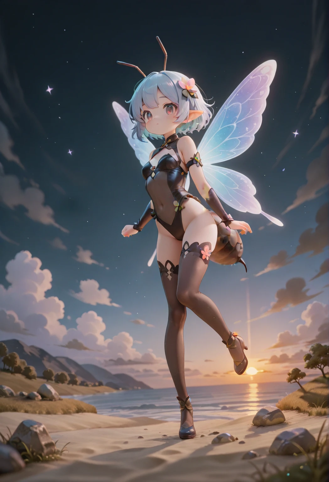 At night, there are many shooting stars reflected in the sky on the heart-shaped ice lake, rainbow, blue, laser wings, floating luminous particles, aurora, fairy light, body light, body light, luminous creatures, stellar luminous particles, soft light, surreal, modern style, art, dream engine, ultra wide angle perspective, hin renderingHD