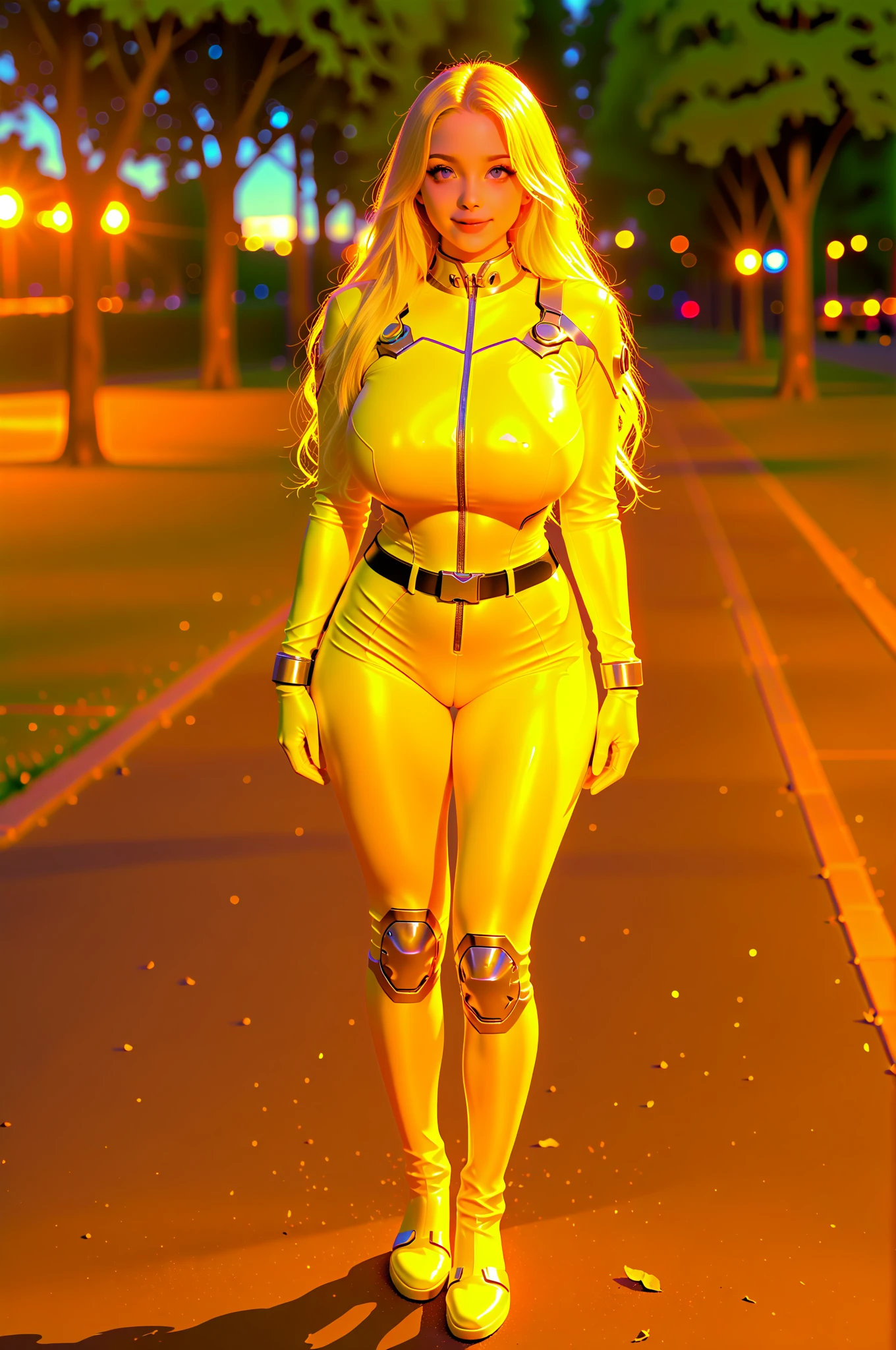 Supergirl 27 years old, (((1girl))) ((( Taylor Swift:Emma Stone:0.7))) Beautiful woman (((long wavy blonde hair))) ((bangs:1.2)) ((yellow cyberpunk style futuristic armor leotard with matching heels)) defined body, Red lipstick, smiling, hands free, standing, high tech cyberpunk city rooftop, night, (huge_breasts:1.4) (curvy:1.3)(chubby:1.1)