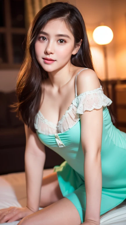 ulzzang -6500-v1.1, (Raw photo:1.2), (Photorealsitic), (See-through:1.3), (Real:1.4), 1girl with、sixteen years old、game_nffsw, Ocean Blue Eyes(eye detailed), Smile of shame、Blonde semi-long hair、Curly hair、European Girl、classy strapless dress:1.3, Ultra-realistic pantyhose:1.2, Sit on the bed with your legs stretched out、realistic skin textures、shinny skin、Exposed thighs!!! , make - up、
