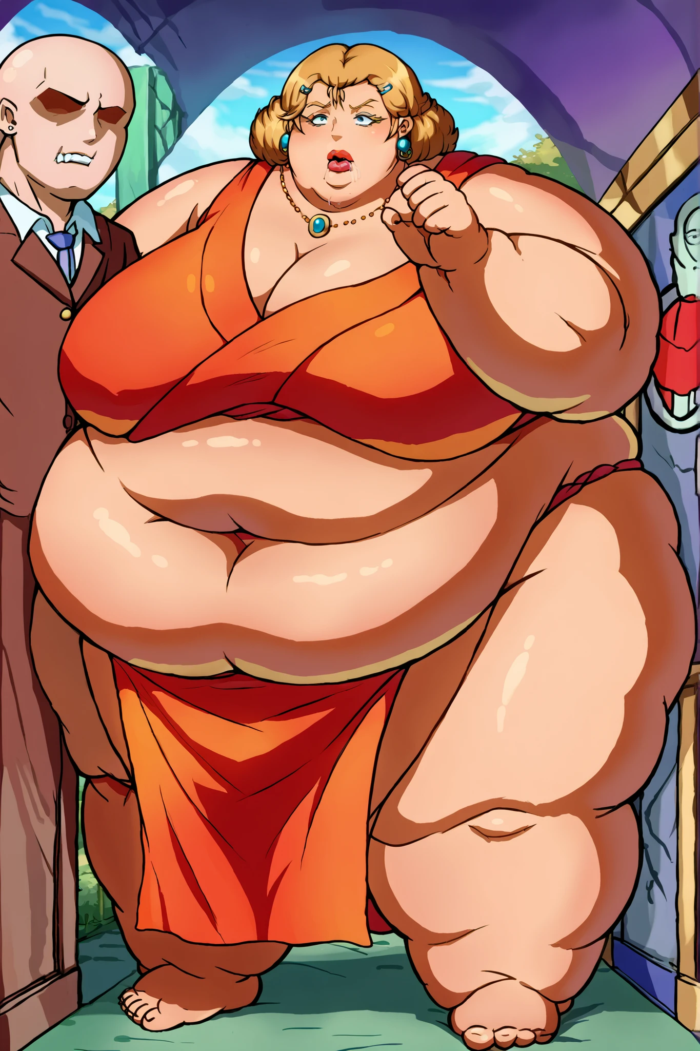 ((Masterpiece)), ((Best Quality)), ((Solo)), ((alone)), ((1girl)), ((((Massive Female Bodybuilder:1.2)))), ((((Huge breasts)))), bimbo, slim waist, short hair, lipstick, wide hips, NSFW , milf,blonde hair, short hair, lipstick, makeup, , (blue eyes), perfect eyes, earrings, smiling, blushing, walking,*priestess, pullover, , walking flipflops, long skirt, medieval clothing, solo, floral crow, staff, wizard, full body, flipflops, medieval village, long robo, long skirt, big skirt,Ancient Chinese architectural style, pant, largen skirt, pants, pantyhose