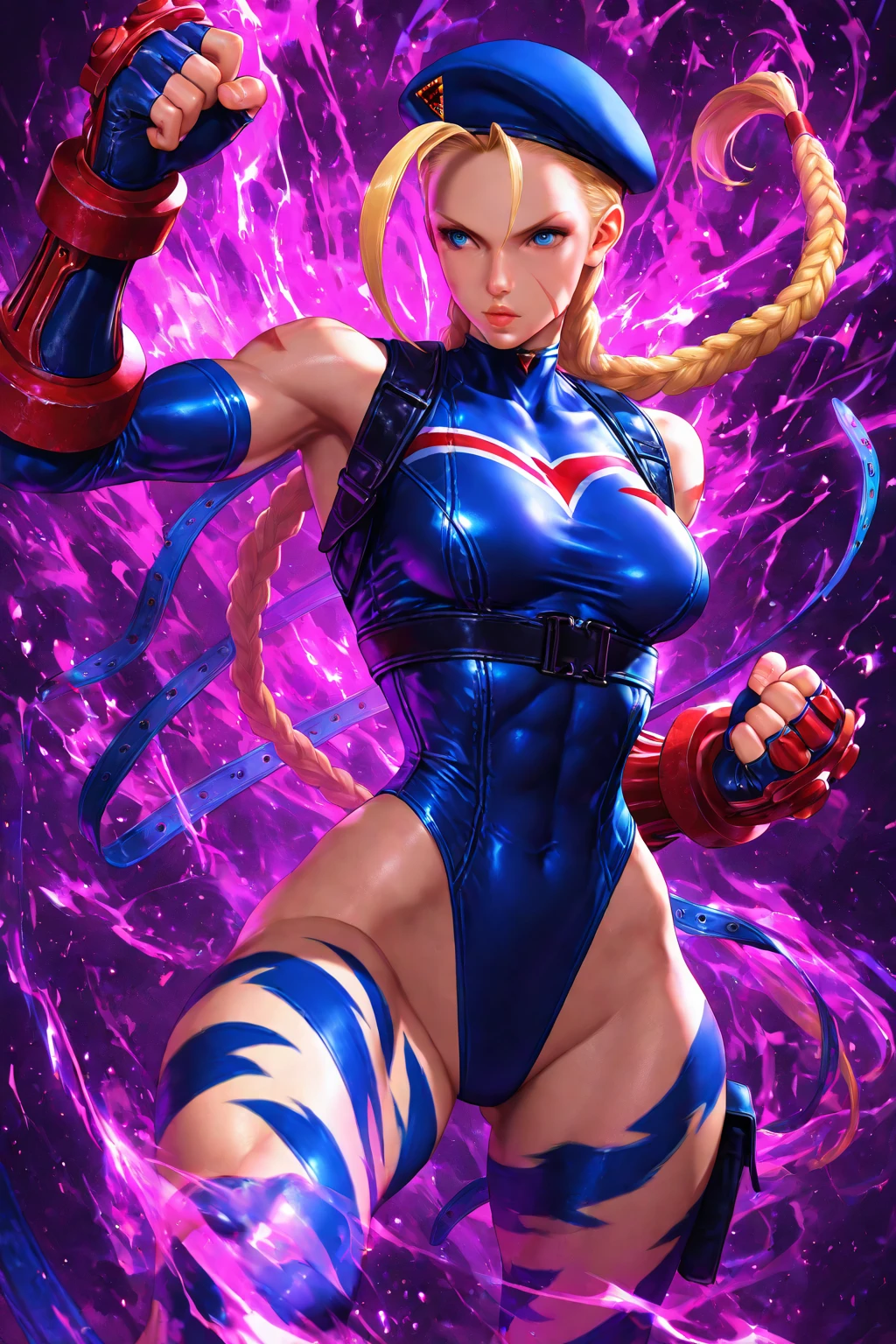 The Ino of the Naruto Shippuden anime)))), long blonde hair hairstyle ponytail, beautiful blue eyes, large breasts, sensual, purple colored clothing, black minimalist photographic studio background, super realistic, well detailed face without distortions, epic image in best possible resolution, 8k, very realistic, depth of field, a work of art, portrait style