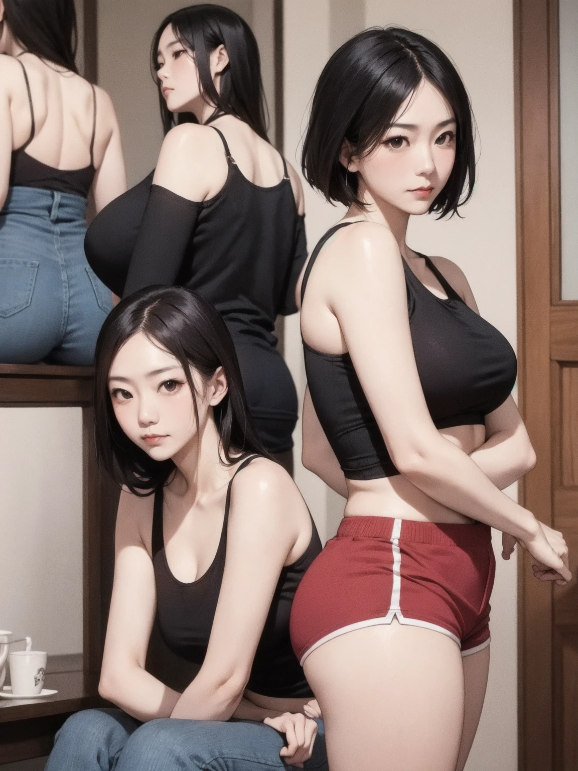 medium height woman with short black hair, small waist, big ass and medium tits, a mini skirt and a very pretty red bra