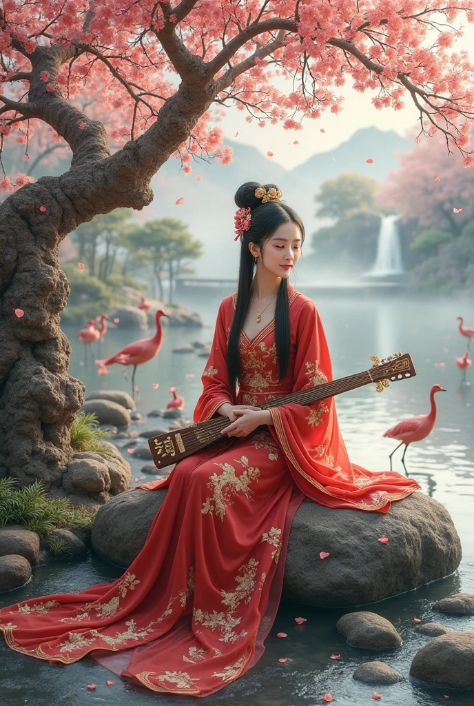 garden,Small bridge and flowing water,red phoenix woman,Flowing long red hair,Eichhornia,Present beauty,Elegant,Large Breasts,Present beauty的身材,Wearing a red phoenix costume,Sitting on the board,Solo Phoenix Guzheng.High resolution, masterpiece, best quality, high detail, Ultra high quality, 