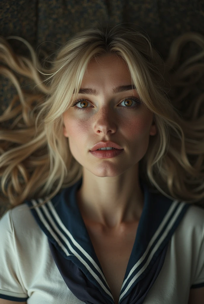 (8k, RAW photo, best quality, masterpiece, soft cinematic lighting, soft color:1.4),(from above,floor :1.7),( looking up at viewer:1.7),(eyes focus,Close-up beautiful eyes:1.6), (lying,on back:1.7),(realistic), (indoor background), (solo, mature woman,19years old,super beautiful face,super detaild beautiful eyes :1.5), {sailor uniform:1.1),(show off ??????:0.5),low-cut miniskirt,sheer :1.3}, (embarrassed,red Cheeks:1.25),bob cut hair, {{slicked back hair}}, white blonde color hair, clean skin, (smaller ????:0.5),(coverd ??????:0.8),(sagging huge long wide heavy ???????:1.5),(under boob:1.8), (thick, curvy:1.35),(?????????:1.4),(open mouth:1.2),(arms behind back:1.0),