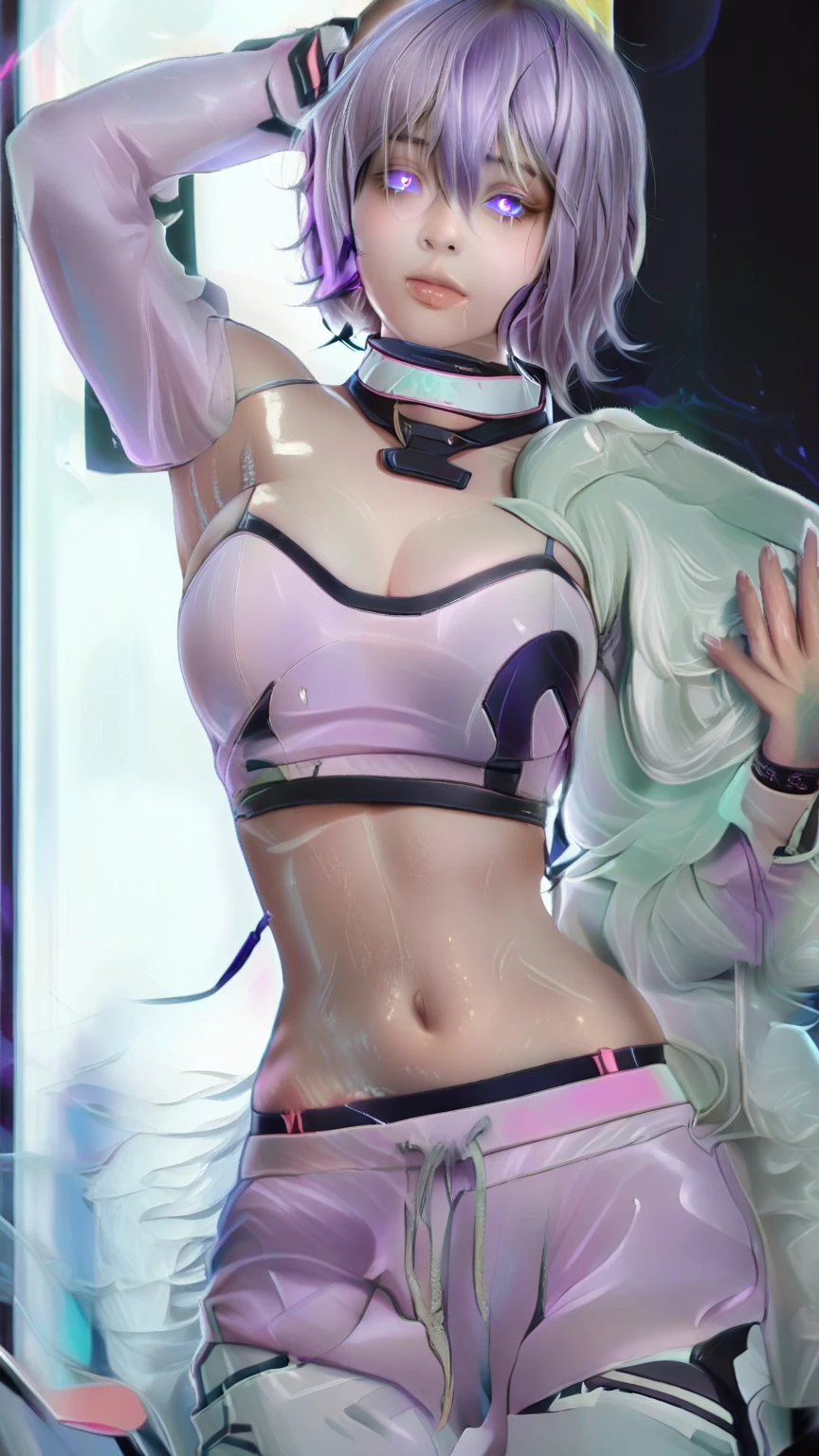 {{masterpiece}}, best quality, extremely detailed CG unity 8k wallpaper, cinematic lighting, lens flare, beautiful detail eyes, black, side glance, multicolor short blonde hair, colorful light, particles, heterochromia, (colorful:1.5), (colorful hair:1.5), Wears white bikini, rooftop background,