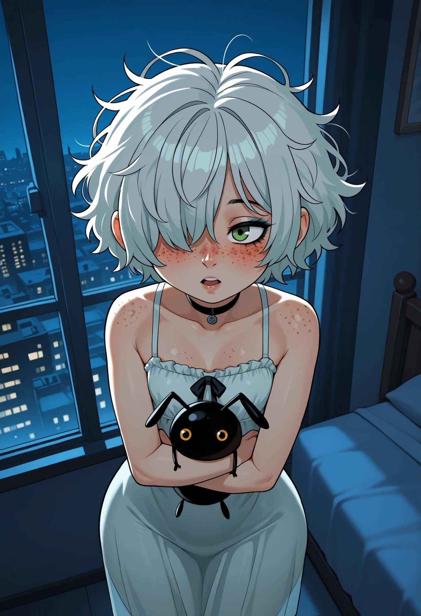 Gwen Tennyson . ginger . short hair . green eyes . flat breasts, flat chest, huge hips . slim body . choker . | score_9, score_8_up, 1girl, (hair over one eye:1.5) ,(freckles:2), (messy hair:1.5), (wolfcut hair), open mouth,( dark eyeliner:1.5),(eaegyosal makeup), lip gloss, full lips, blush, longsleeved nightgown, indoors, bedroom, bed, (hugging stuffed ant), window, snowy city, city, flowers, (night time:2), consistent lighting, clear composition, detailed realistic background, in-total-focus, handfixer, masterpiece, masterwork, absurdres, award-winning, hyper-detailed, perfecteyes, skindentation, detailed face, professional, view from above,