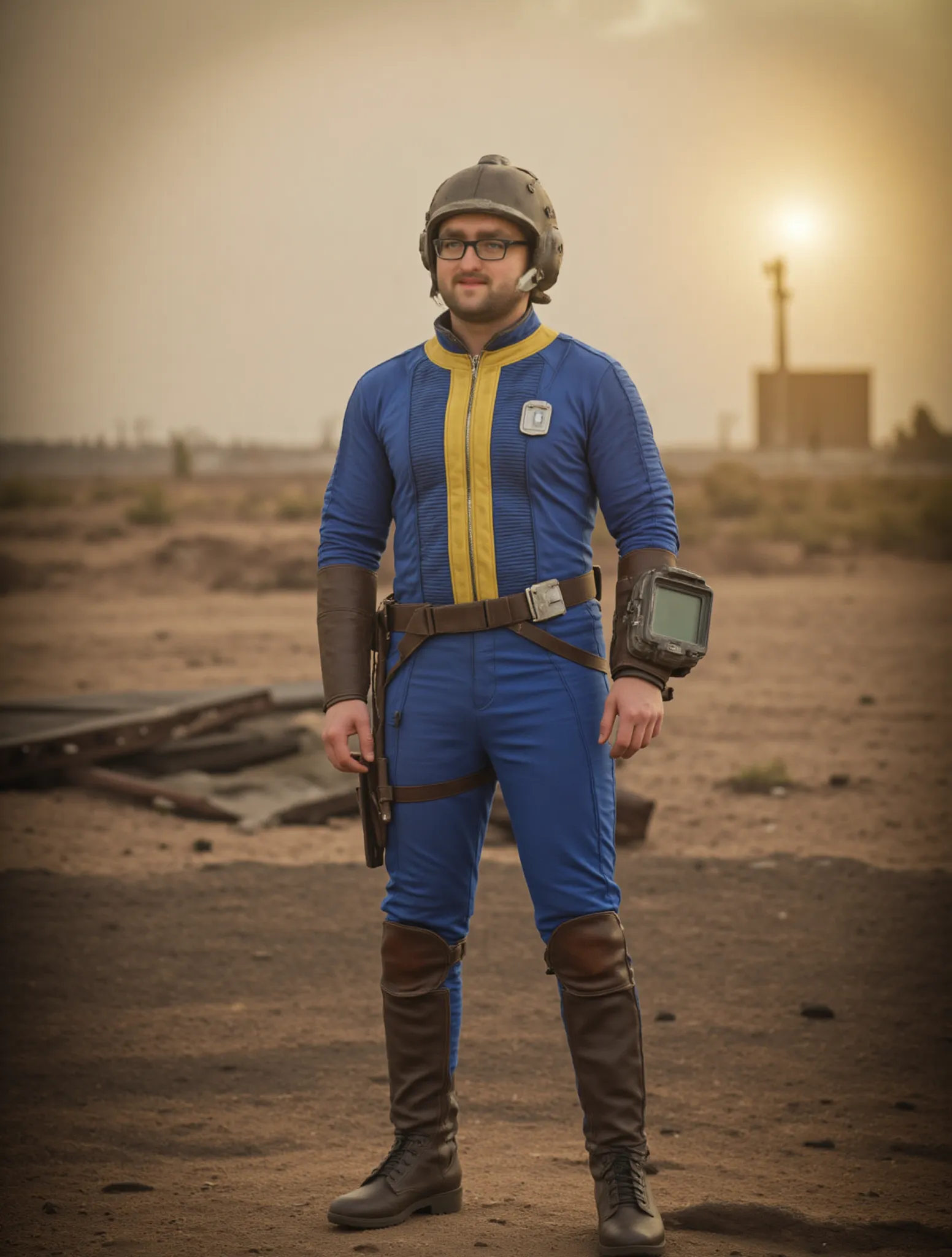 a man with long beard and short hair wearing vaultsuit without pipboy3000 standing in a ruined city, professionally color graded, professional photography, well drawn, masterpiece, hyper realistic, ultra detailed, high quality, best quality, 4k, 8k, raw <lora:talojivaultsuit:0.45>